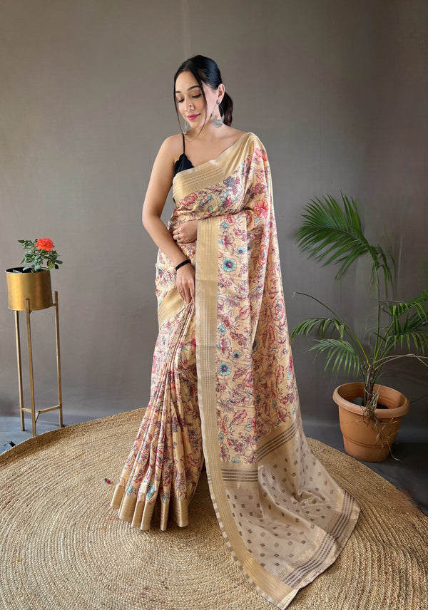 Admiring Cream Color Printed Silk Saree