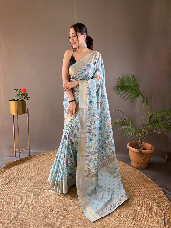 Admiring Sky Blue Color Printed Silk Saree