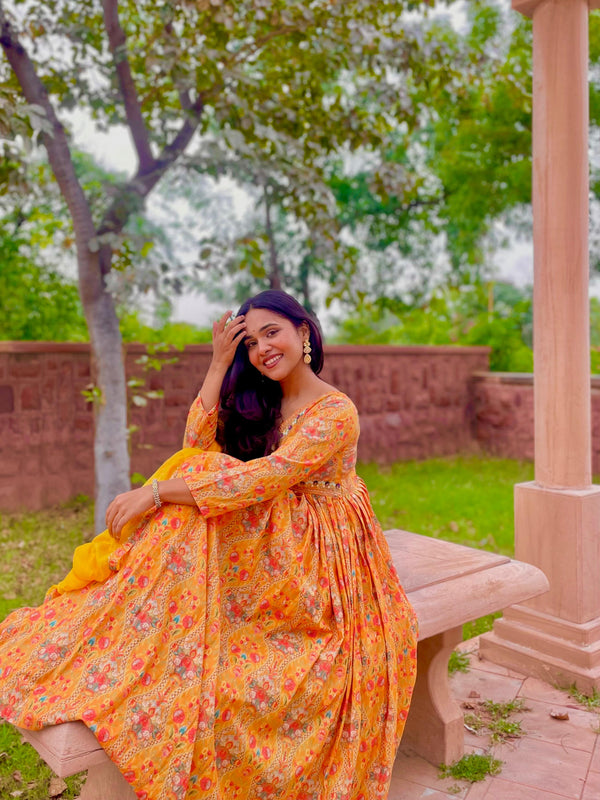 Haldi Wear Yellow Digital Printed Anarkali Gown