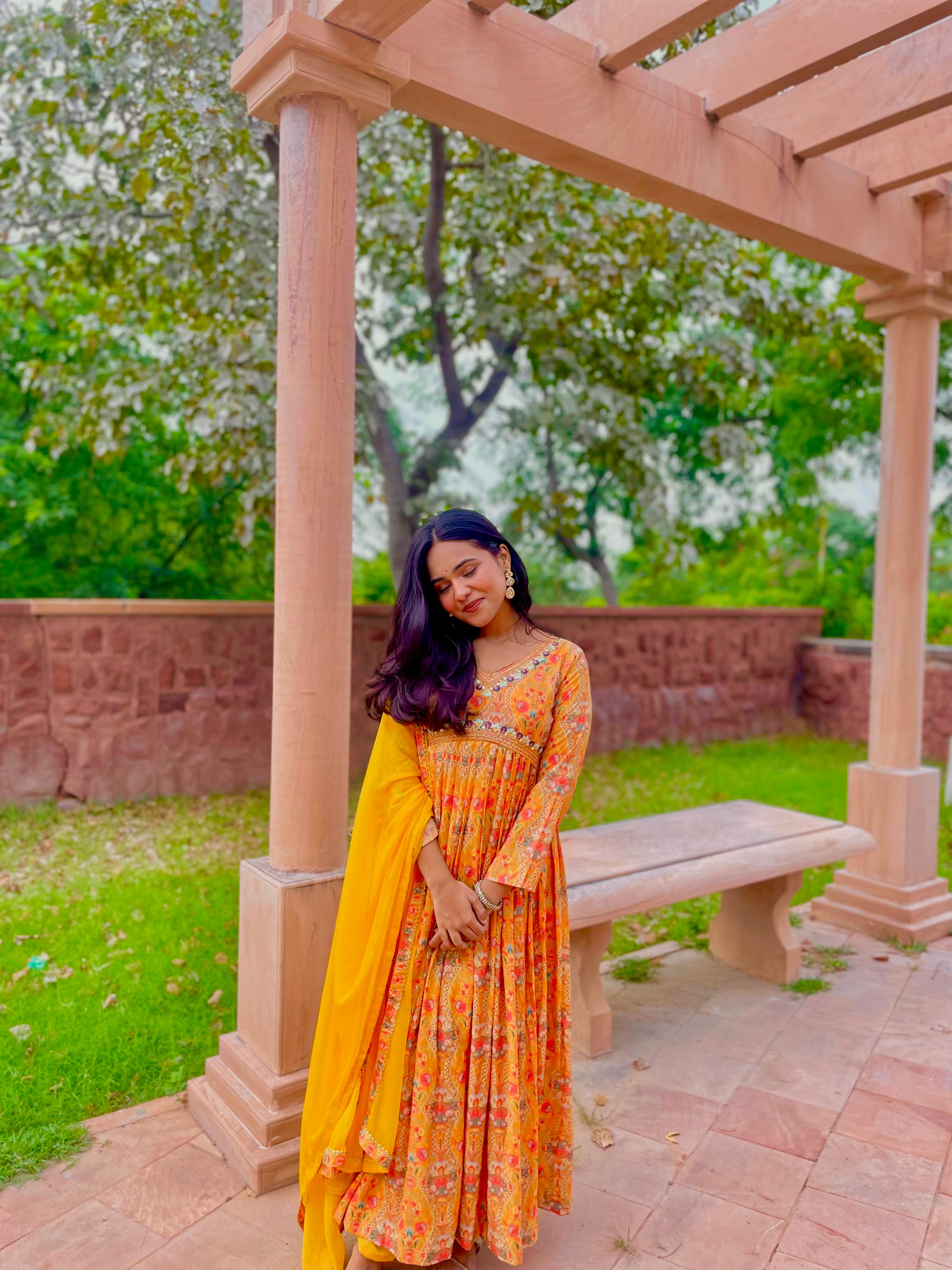 Haldi Wear Yellow Digital Printed Anarkali Gown