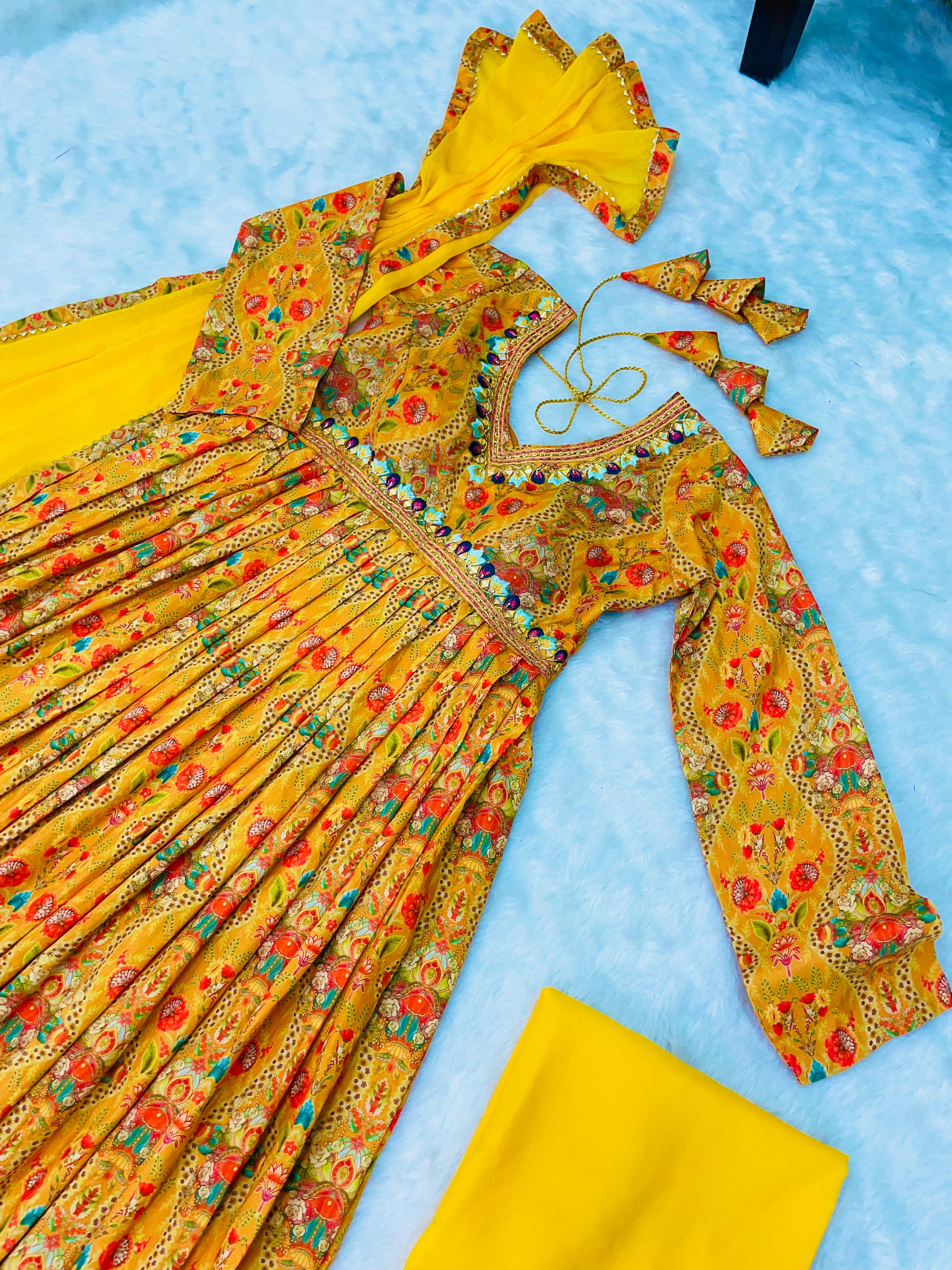 Haldi Wear Yellow Digital Printed Anarkali Gown