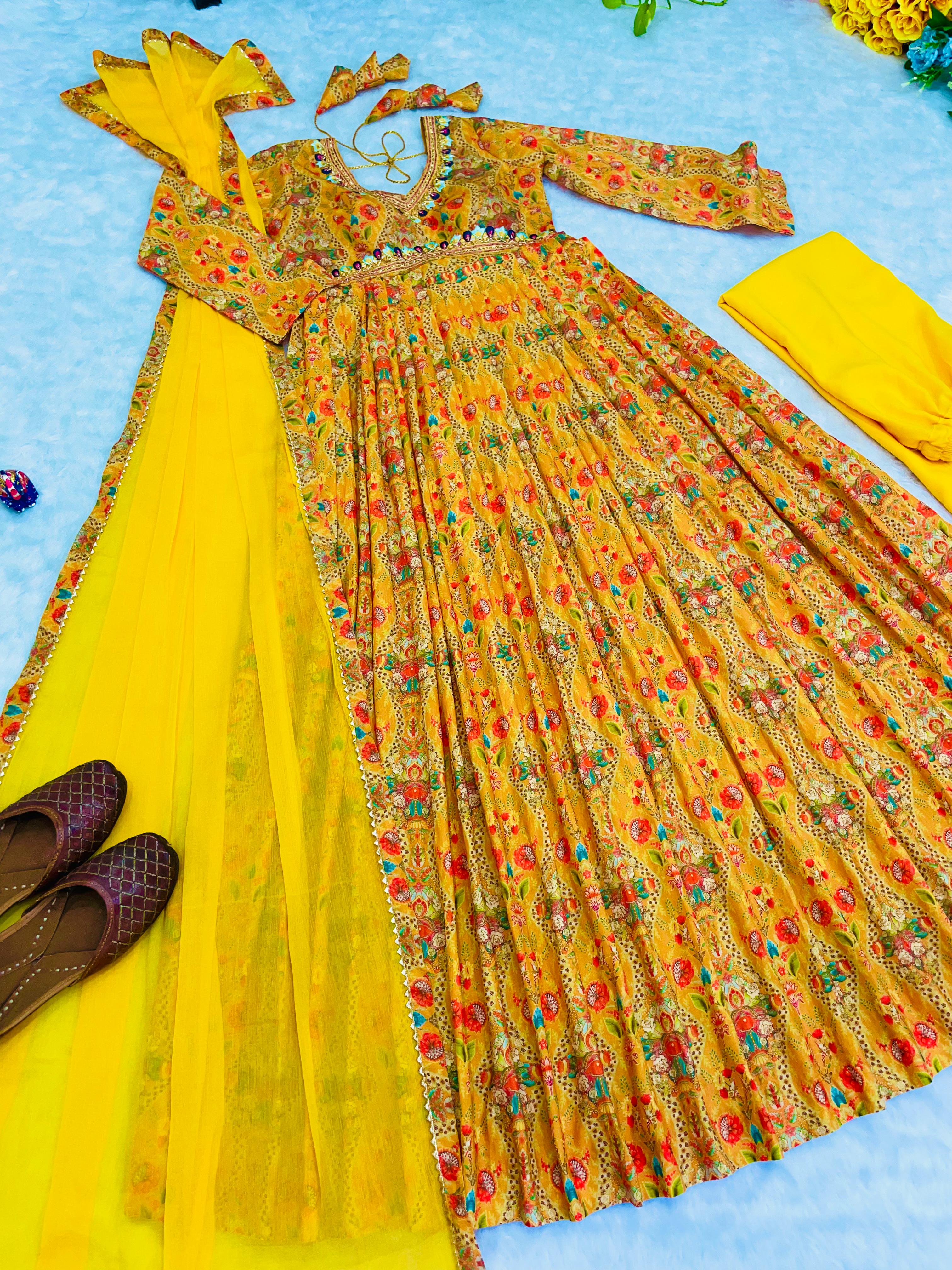 Haldi Wear Yellow Digital Printed Anarkali Gown