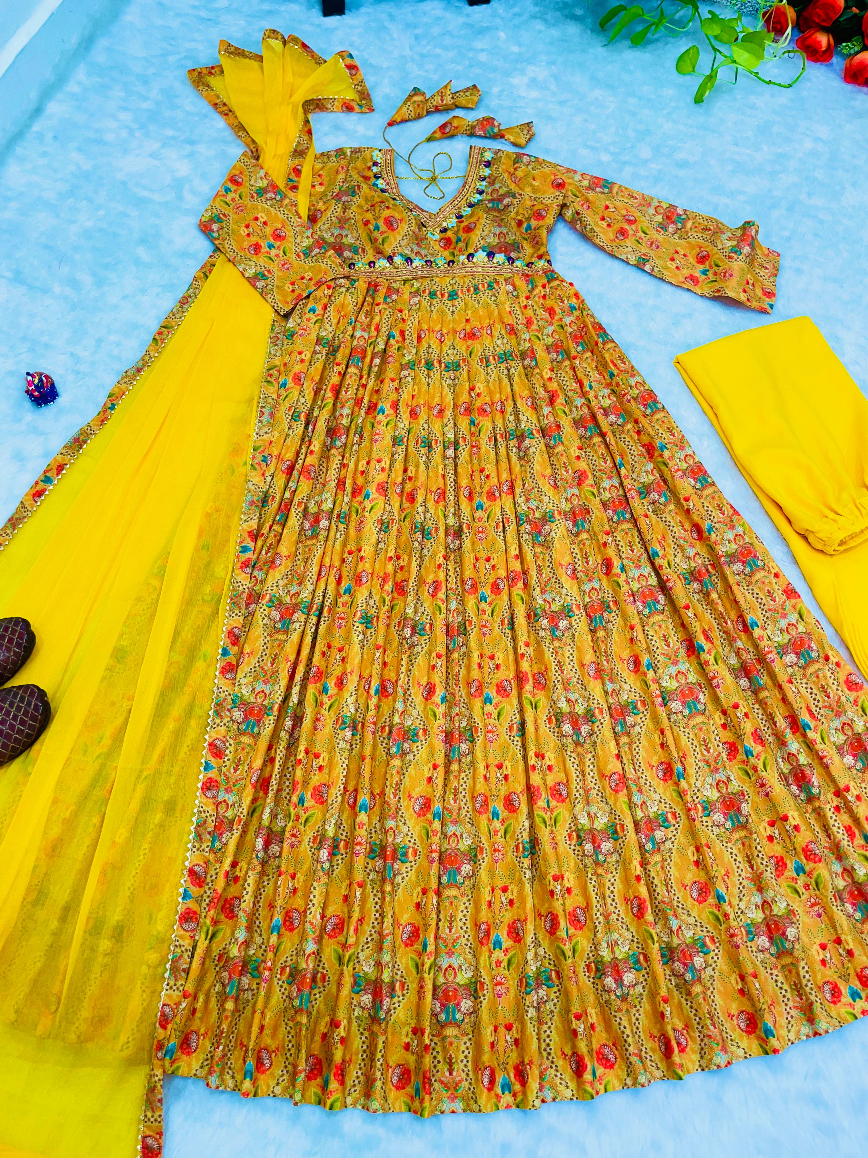 Haldi Wear Yellow Digital Printed Anarkali Gown