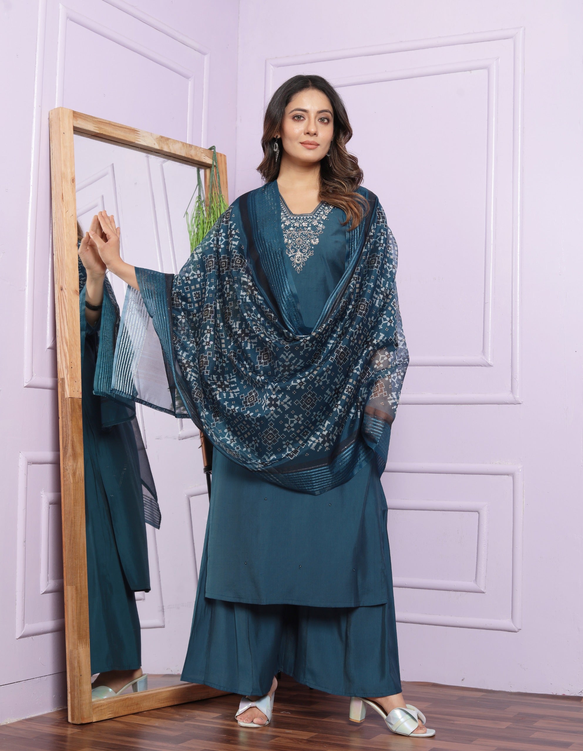 Alluring Hand Work Blue Color Palazzo Suit