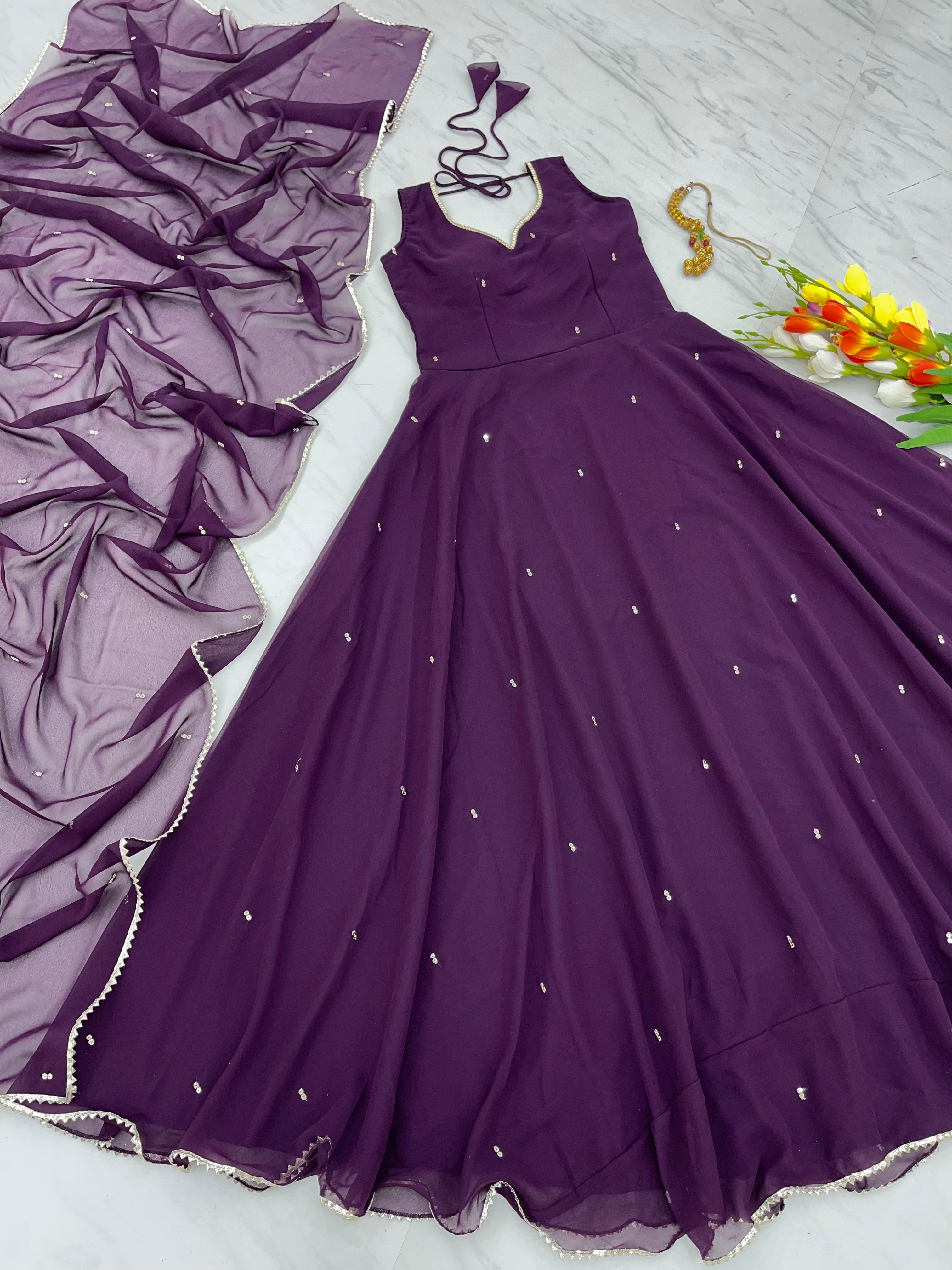 Fabulous Embroidery Gota Border Purple Color Gown