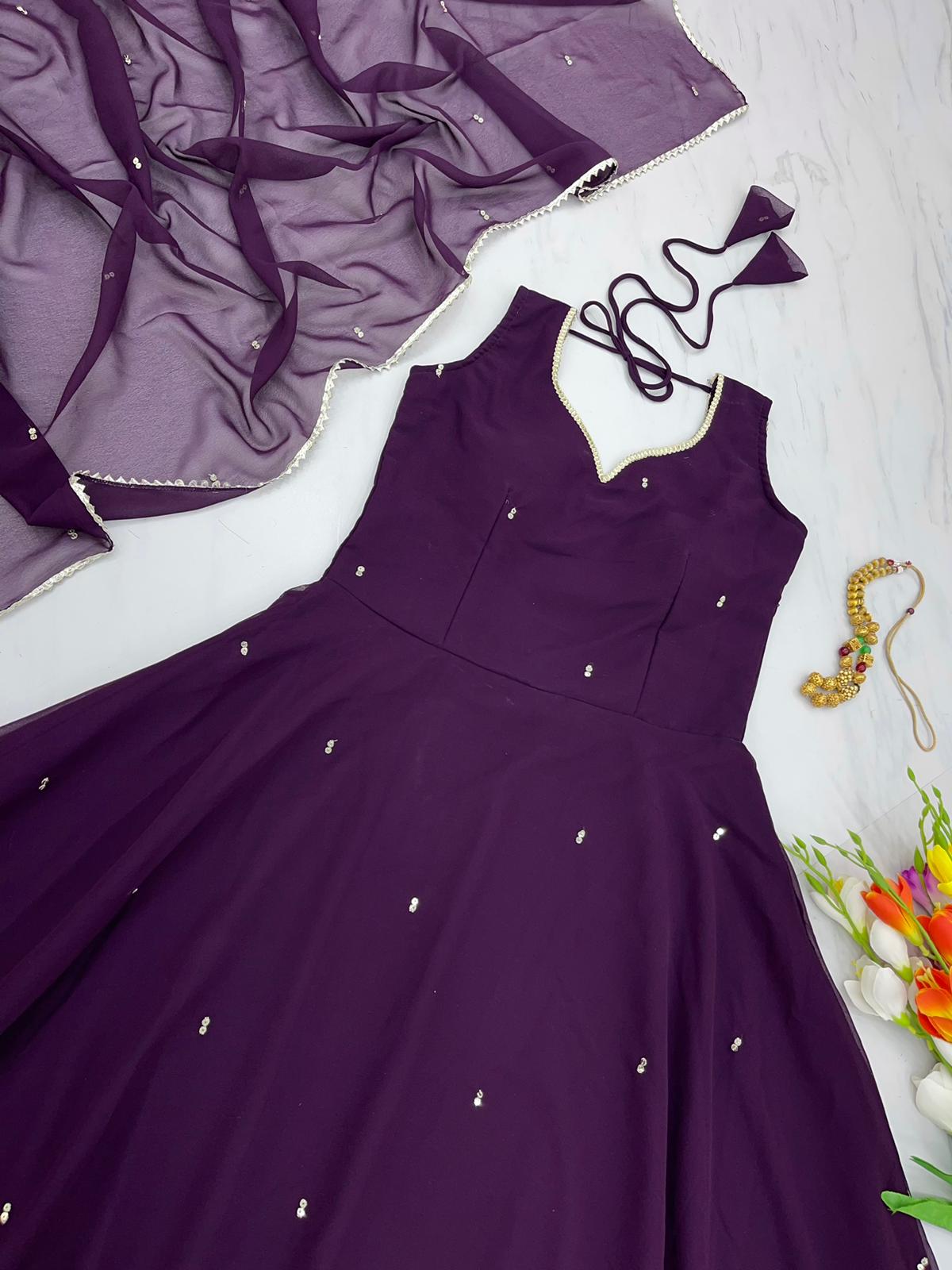 Fabulous Embroidery Gota Border Purple Color Gown