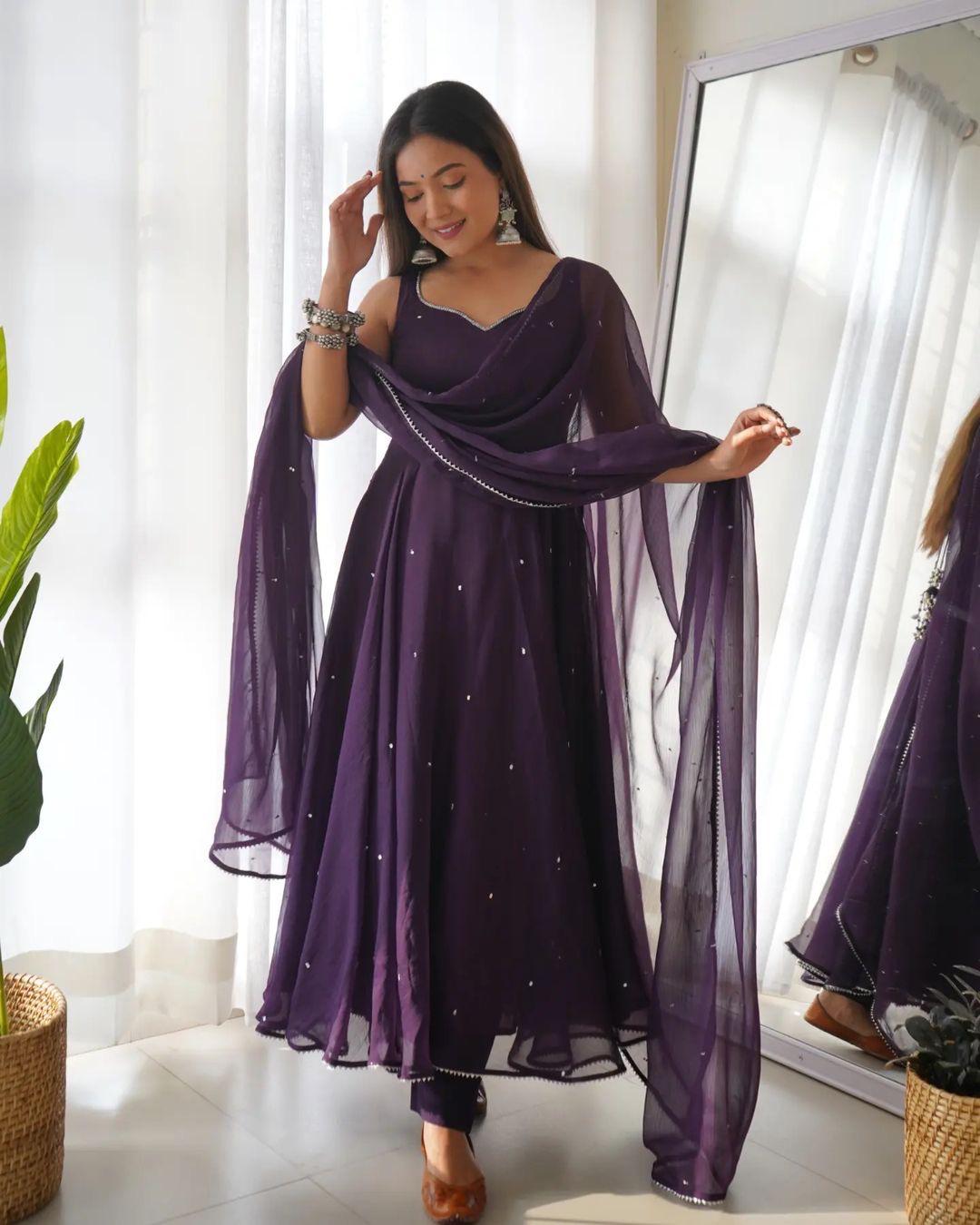 Fabulous Embroidery Gota Border Purple Color Gown