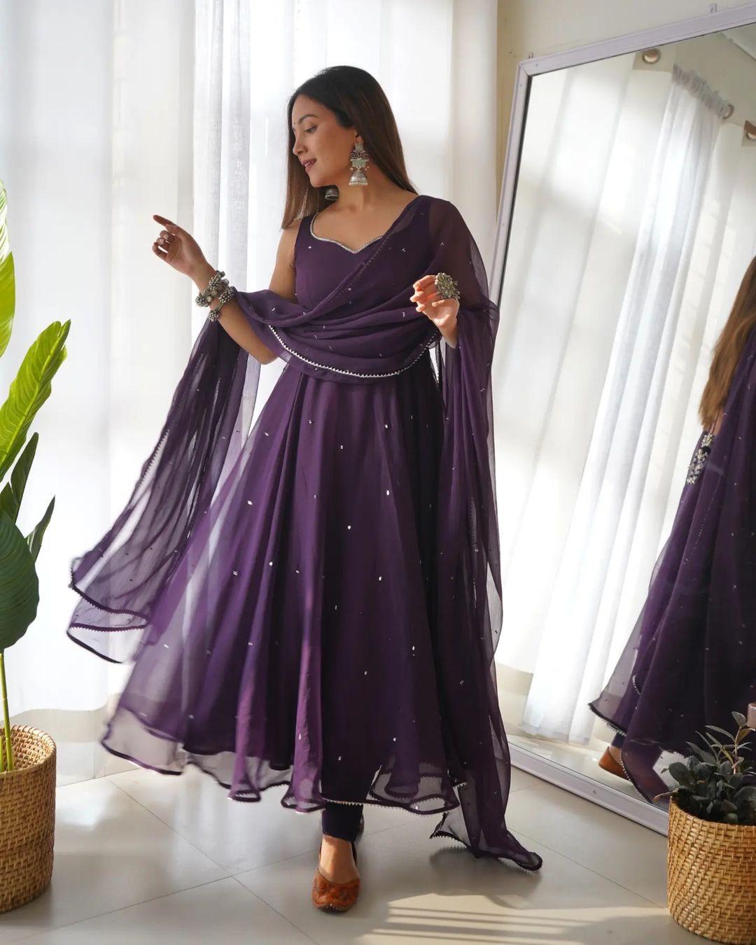 Fabulous Embroidery Gota Border Purple Color Gown