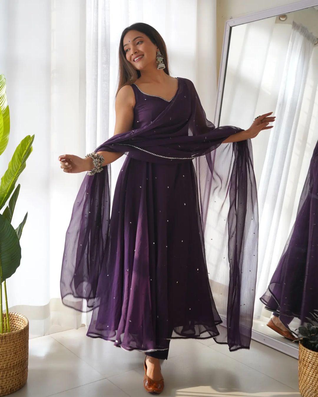 Fabulous Embroidery Gota Border Purple Color Gown