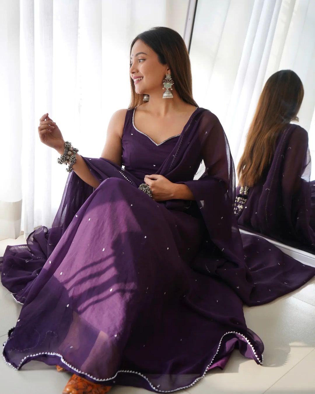 Fabulous Embroidery Gota Border Purple Color Gown