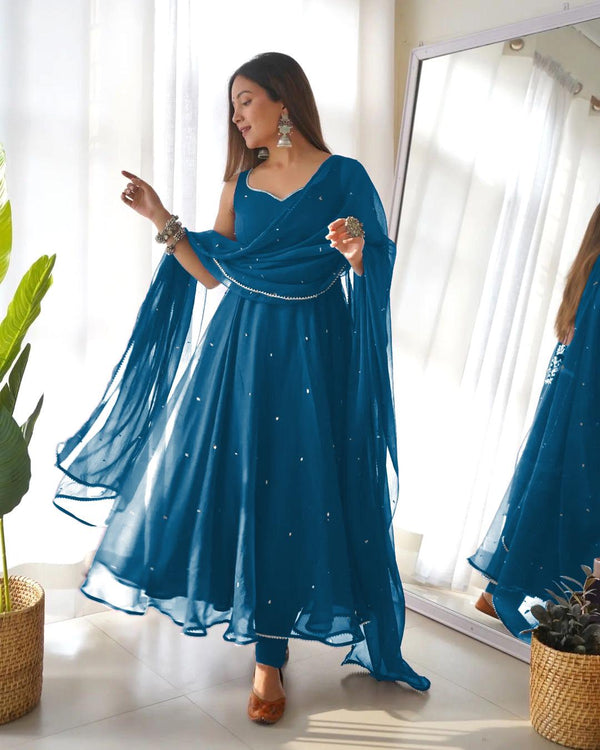 Fabulous Embroidery Gota Border Teal Blue Color Gown