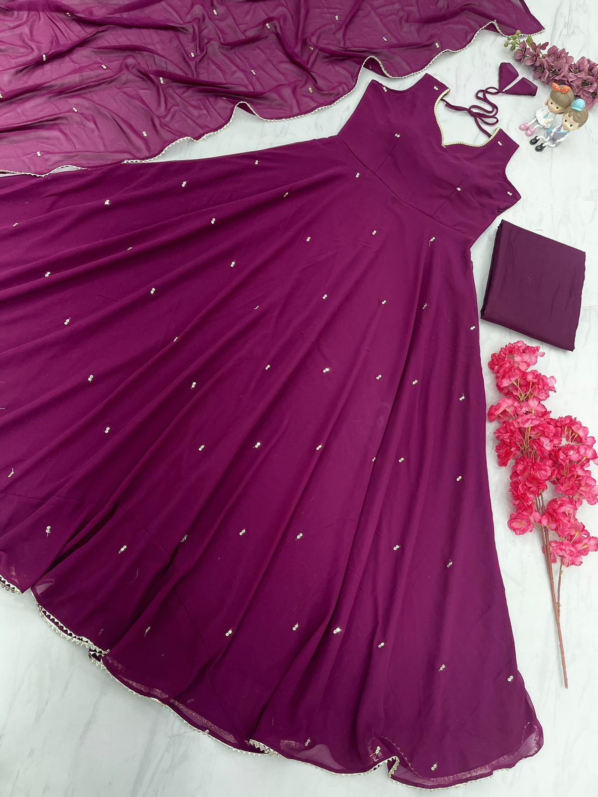 Fabulous Embroidery Gota Border Wine Color Gown