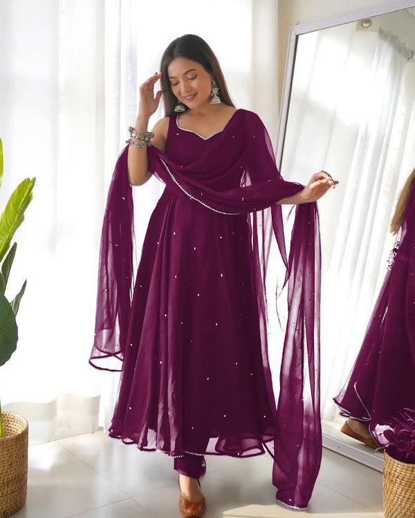 Fabulous Embroidery Gota Border Wine Color Gown