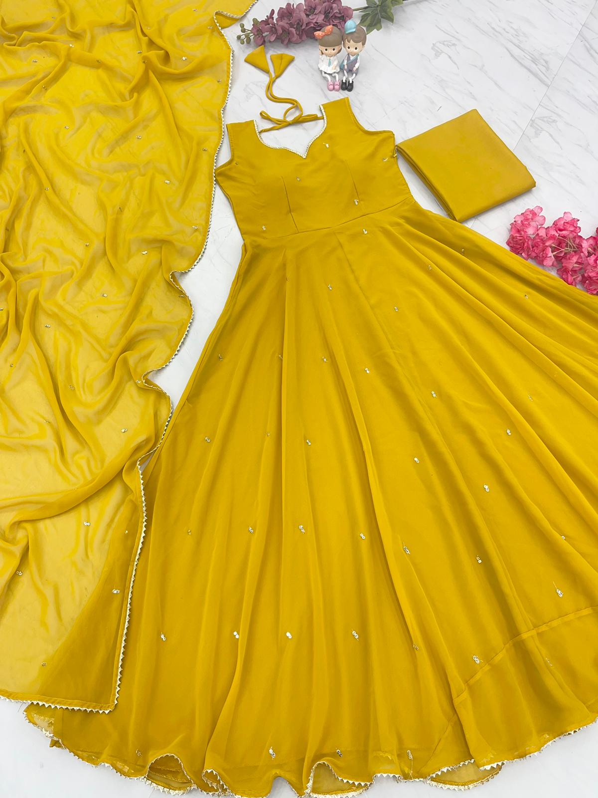 Fabulous Embroidery Gota Border Yellow Color Gown