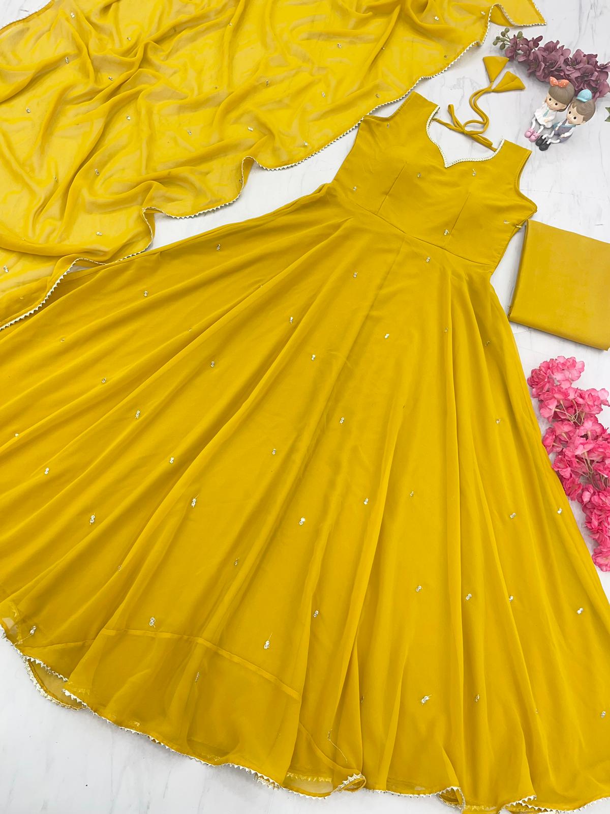 Fabulous Embroidery Gota Border Yellow Color Gown