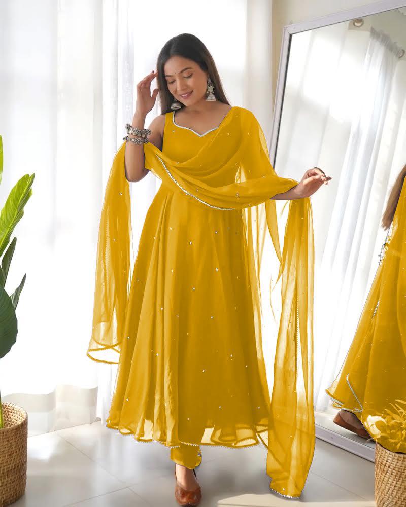 Fabulous Embroidery Gota Border Yellow Color Gown