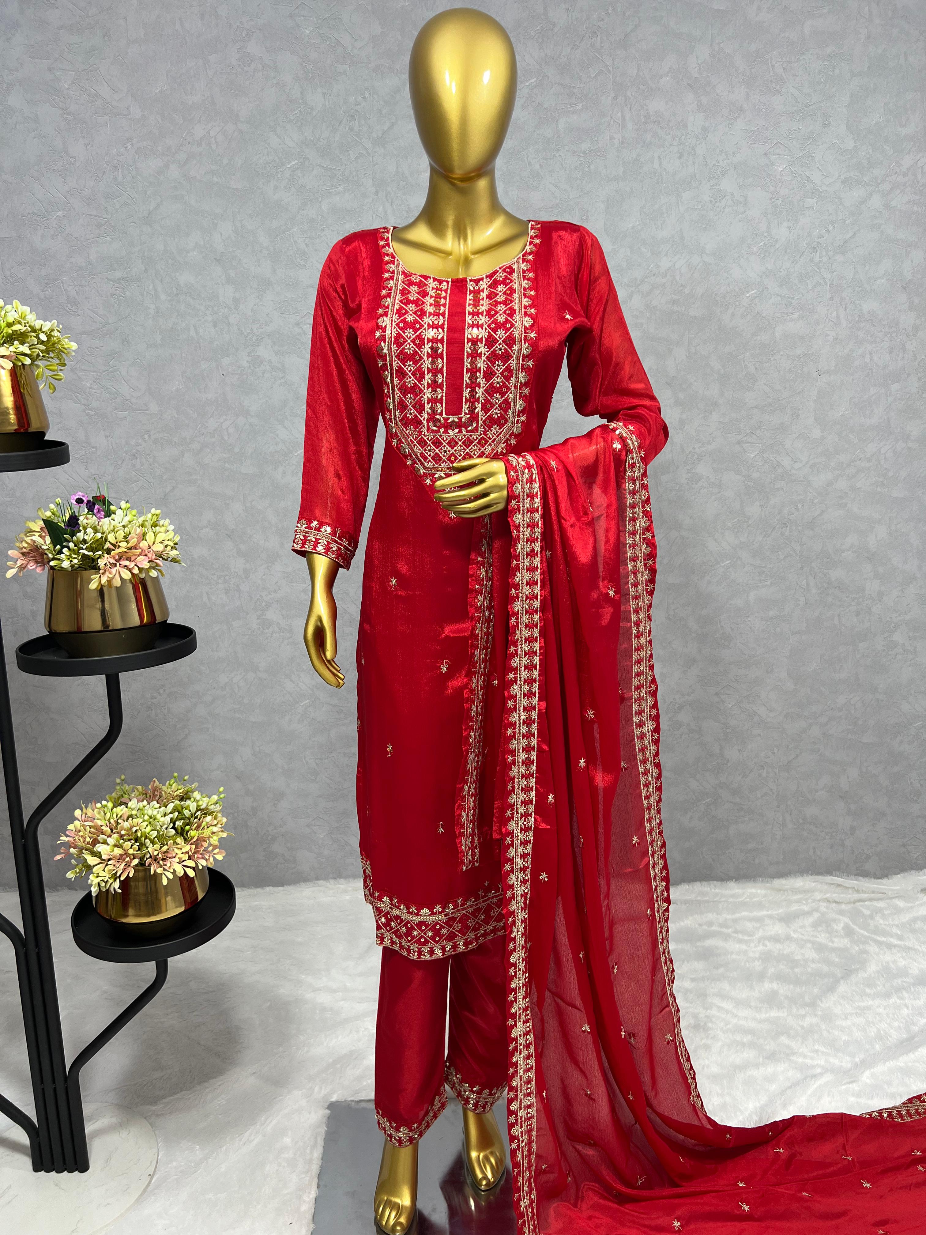 Stylish Embroidery Sequence Work Red Color Salwar Suit