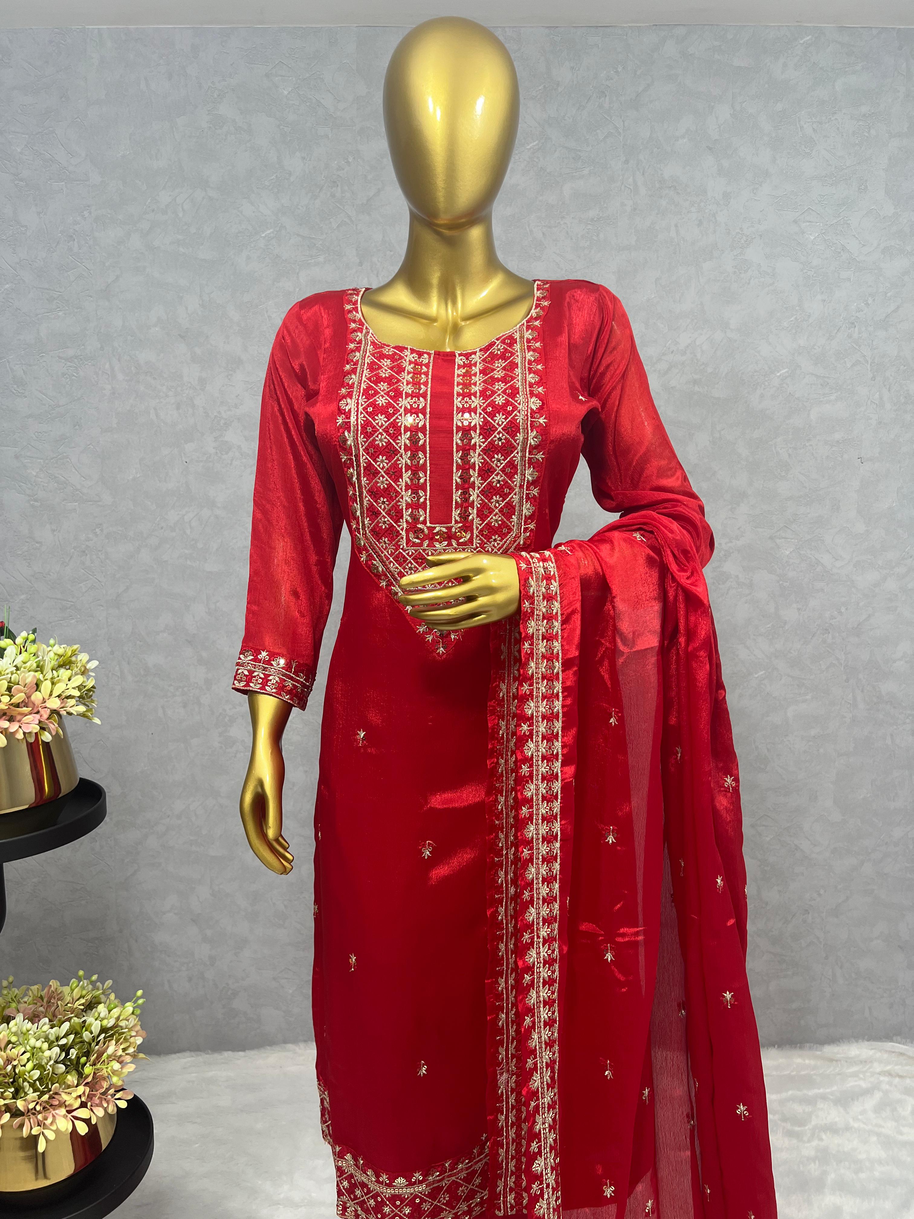 Stylish Embroidery Sequence Work Red Color Salwar Suit