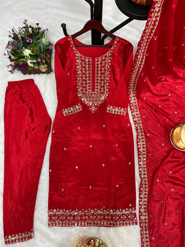 Stylish Embroidery Sequence Work Red Color Salwar Suit