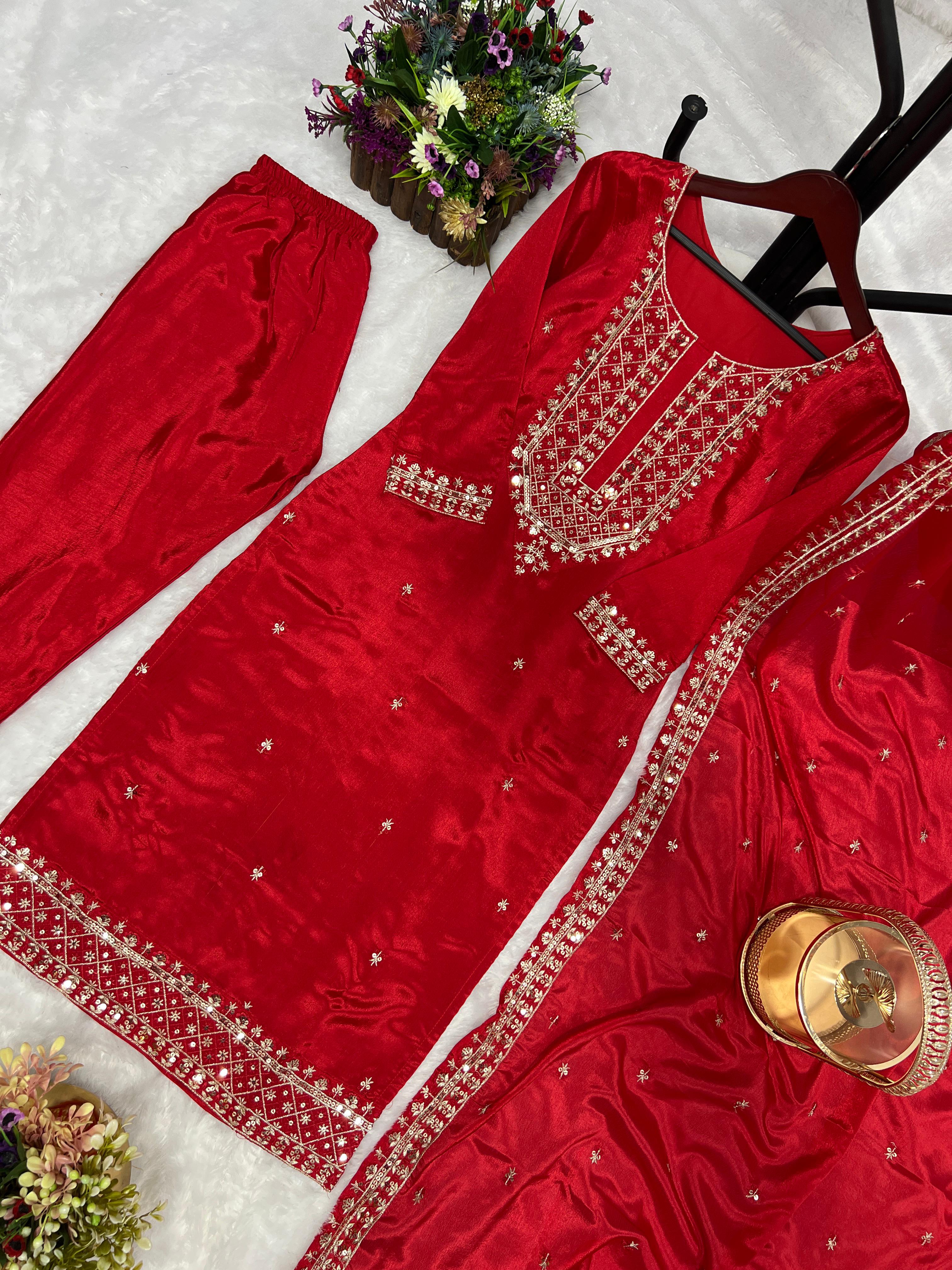 Stylish Embroidery Sequence Work Red Color Salwar Suit