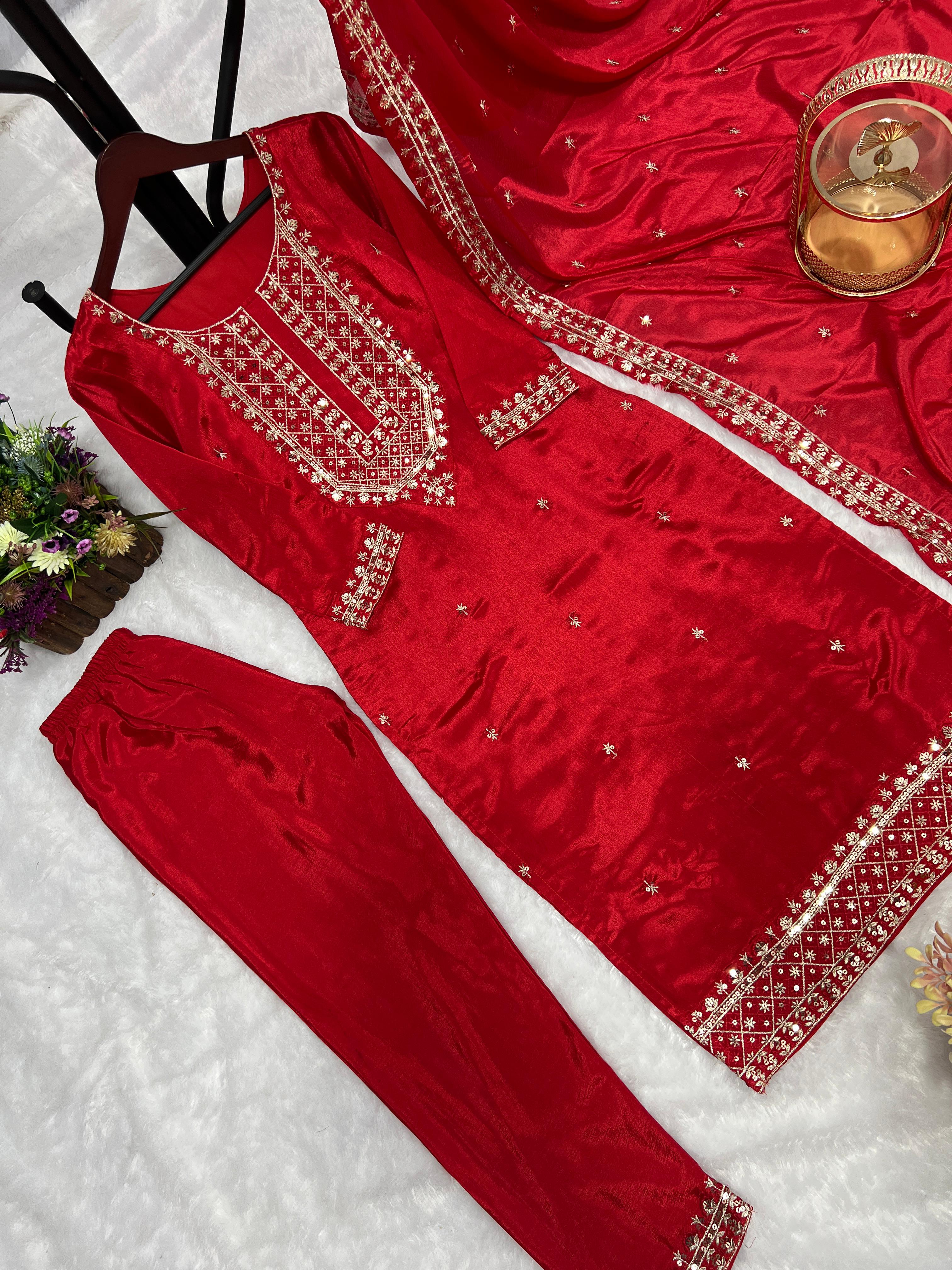 Stylish Embroidery Sequence Work Red Color Salwar Suit