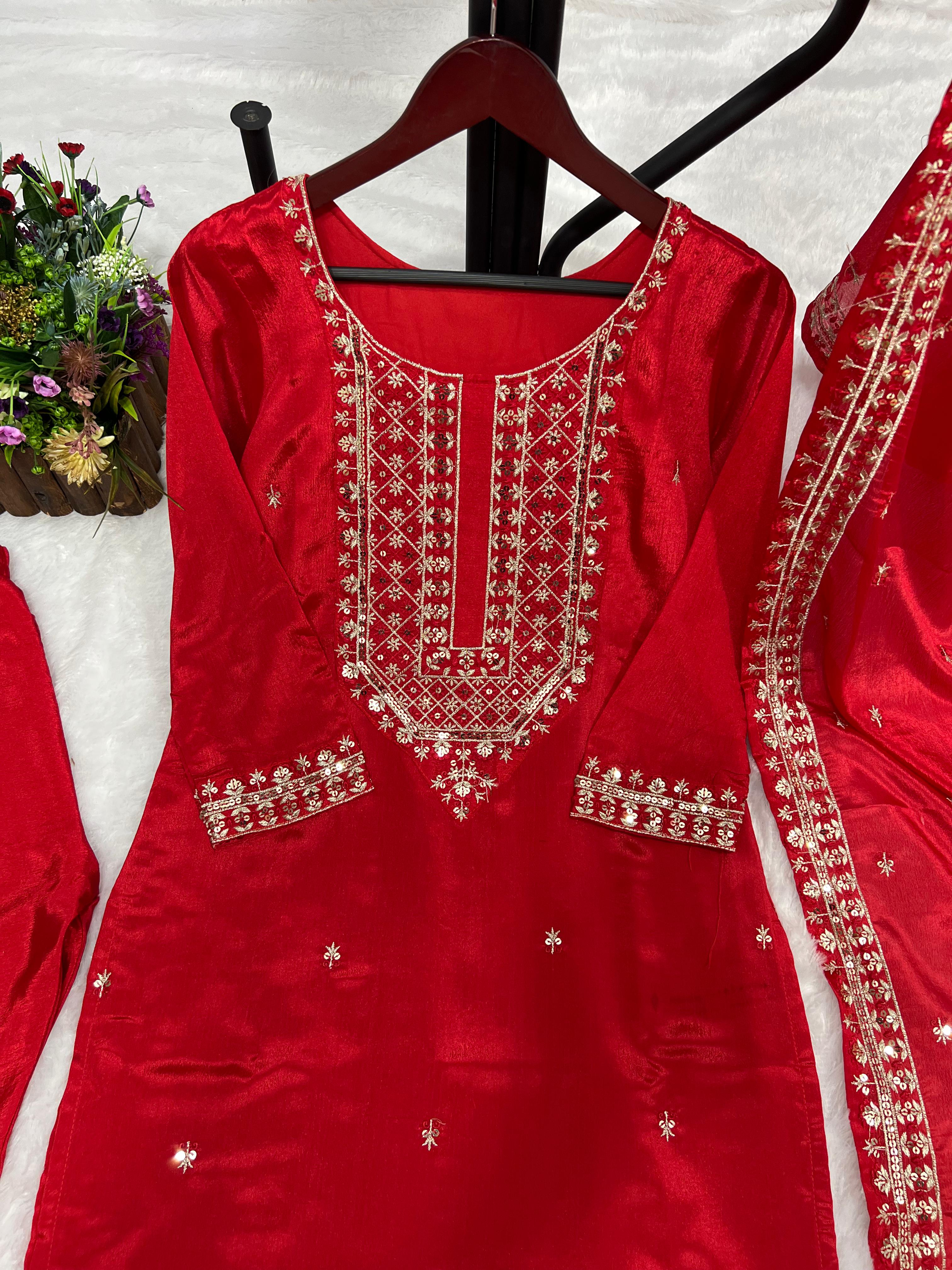 Stylish Embroidery Sequence Work Red Color Salwar Suit