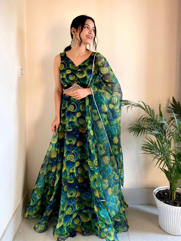 Floral Printed Green Color Organza Silk Lehenga Choli