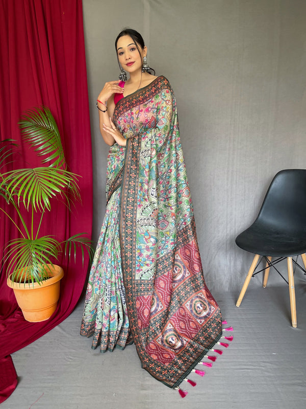 Gorgeous Pista Color Kalamkari Print Saree