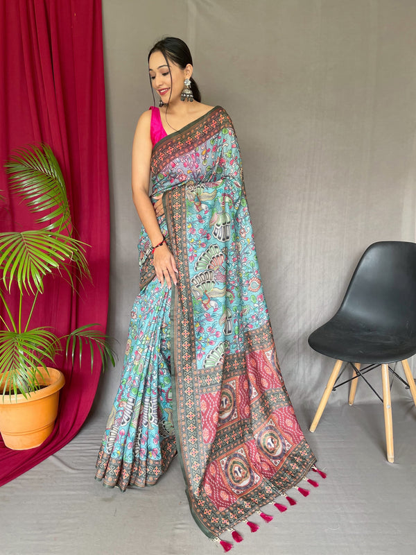 Gorgeous Sky Blue Color Kalamkari Print Saree