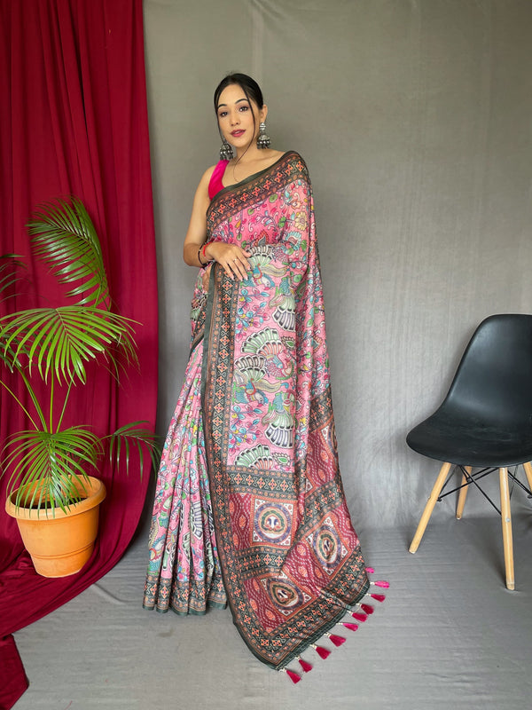 Gorgeous Pink Color Kalamkari Print Saree