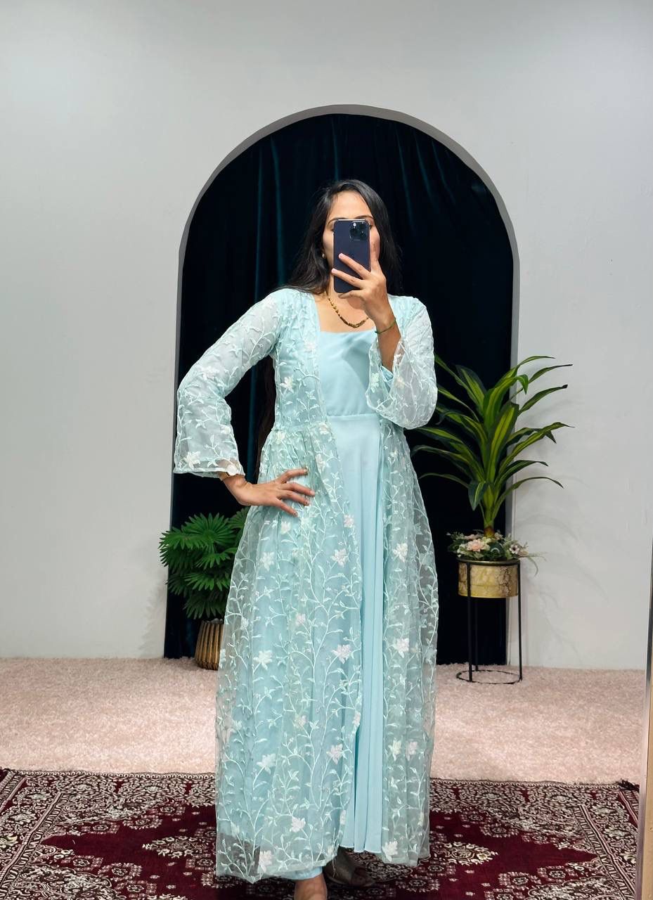 Luxuriant Sky Blue Color Plain Gown Palazzo With Net Shrug