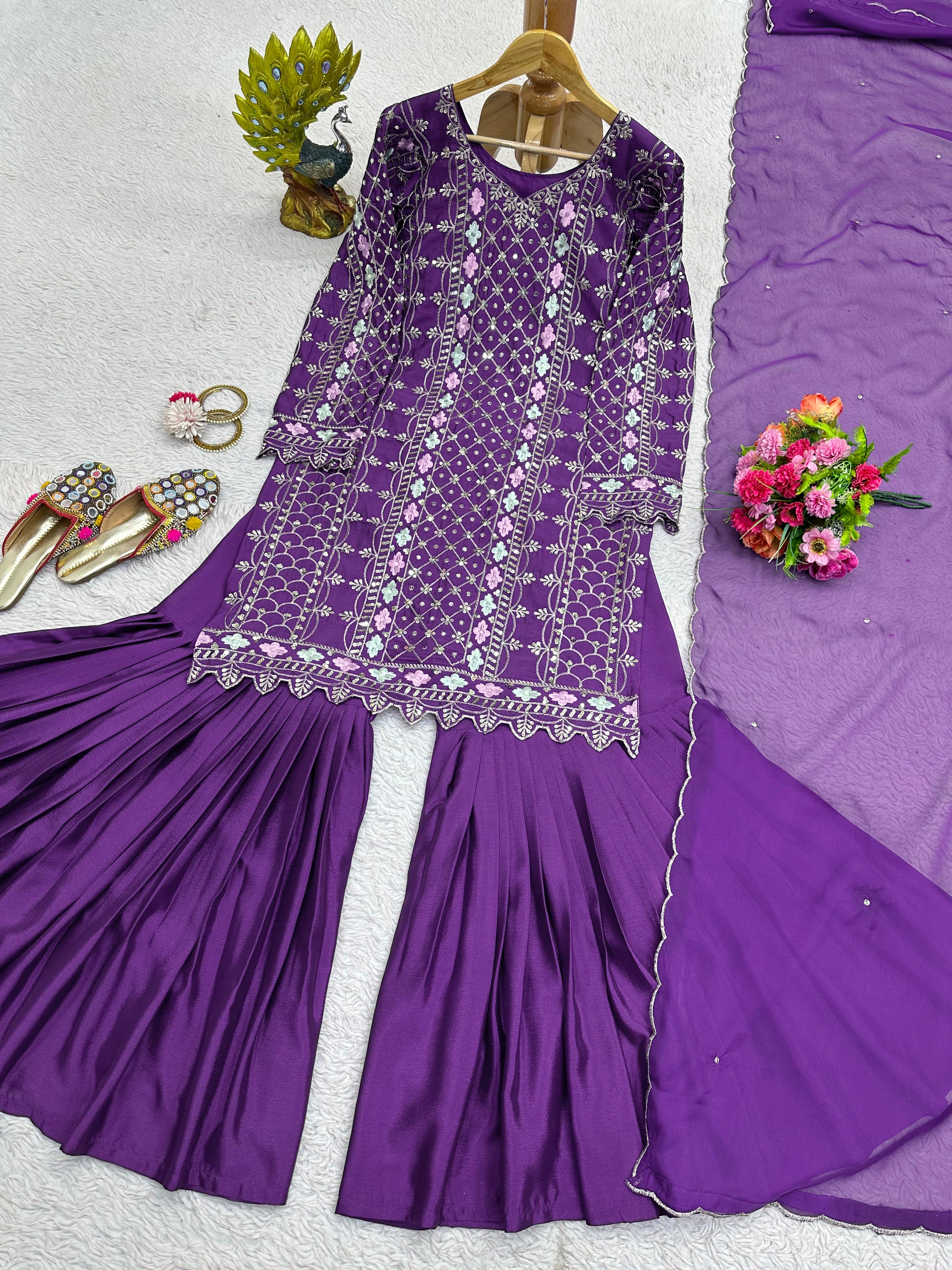 Alluring Purple Color Thread Sequence Work Sharara Suit