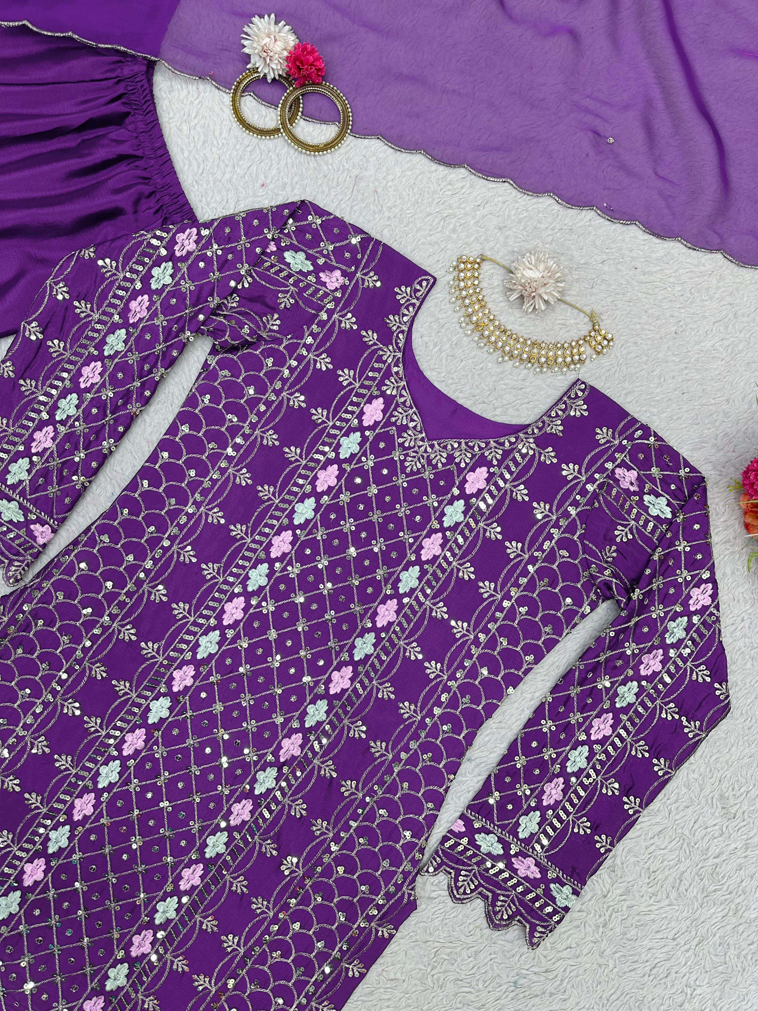 Alluring Purple Color Thread Sequence Work Sharara Suit