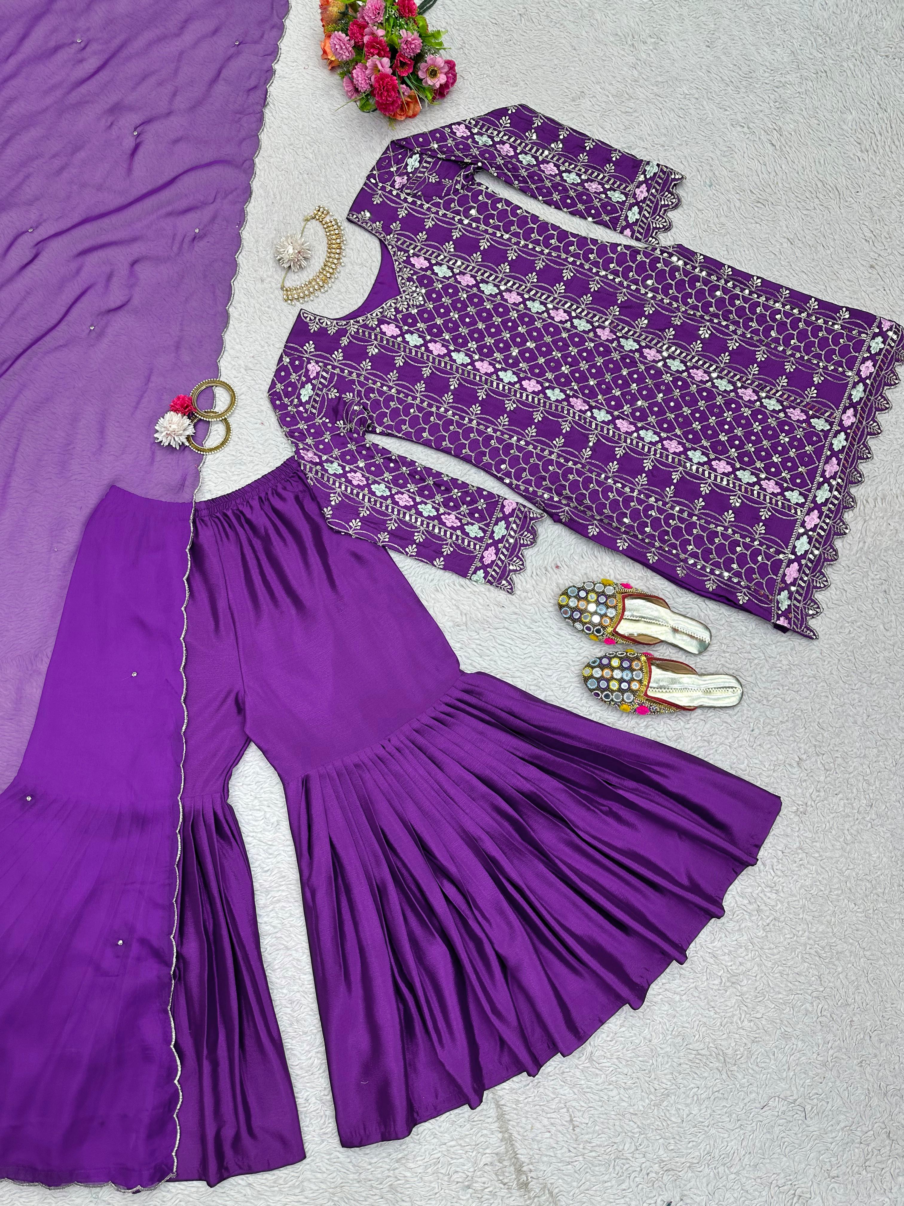 Alluring Purple Color Thread Sequence Work Sharara Suit