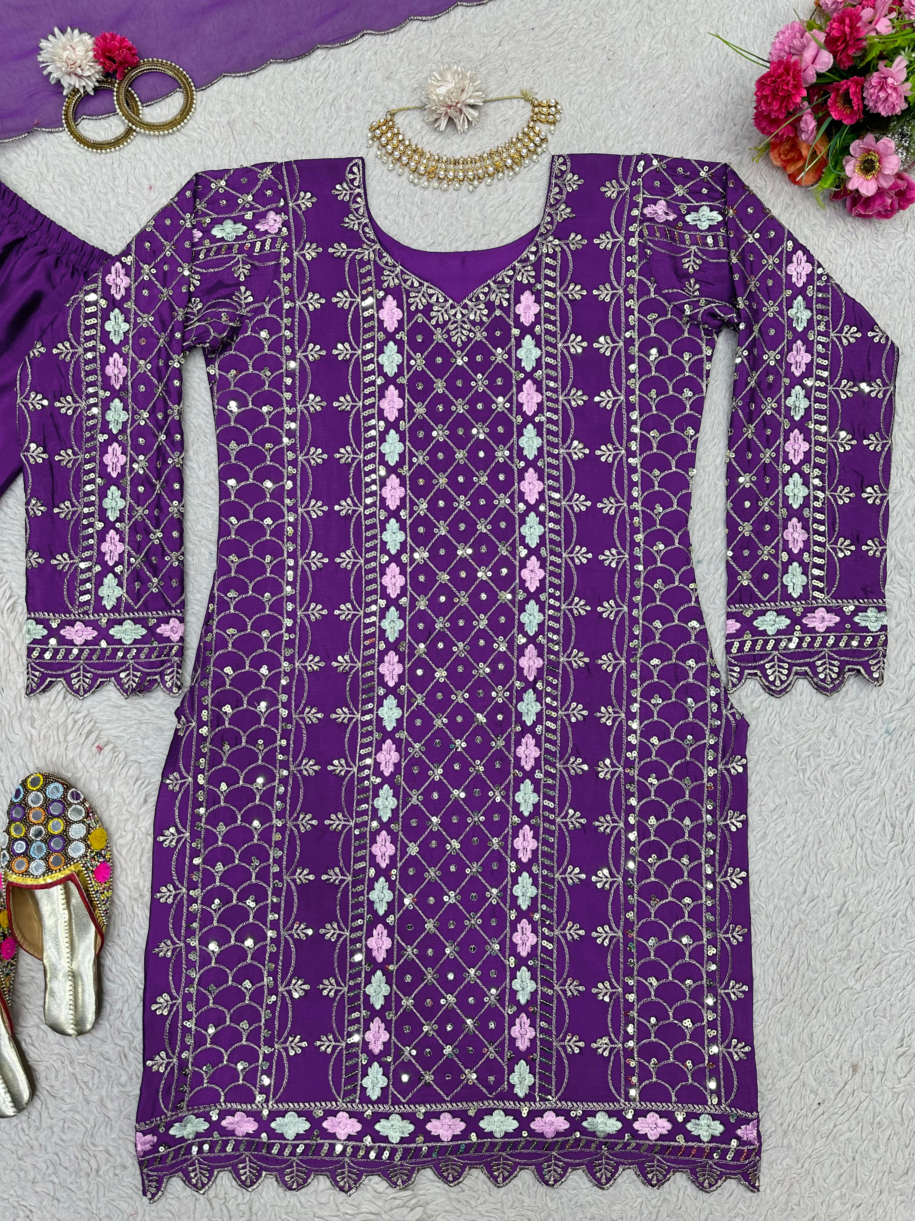 Alluring Purple Color Thread Sequence Work Sharara Suit