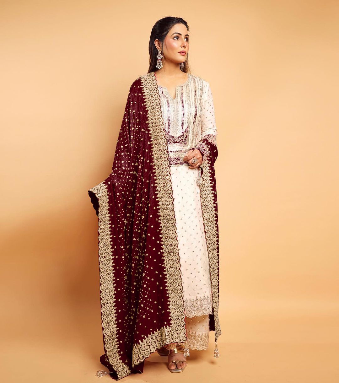 Celebrity Wear White Palazzo Suit With Maroon Dupatta