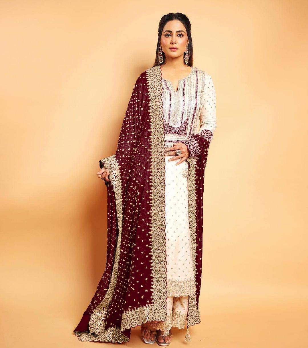 Celebrity Wear White Palazzo Suit With Maroon Dupatta