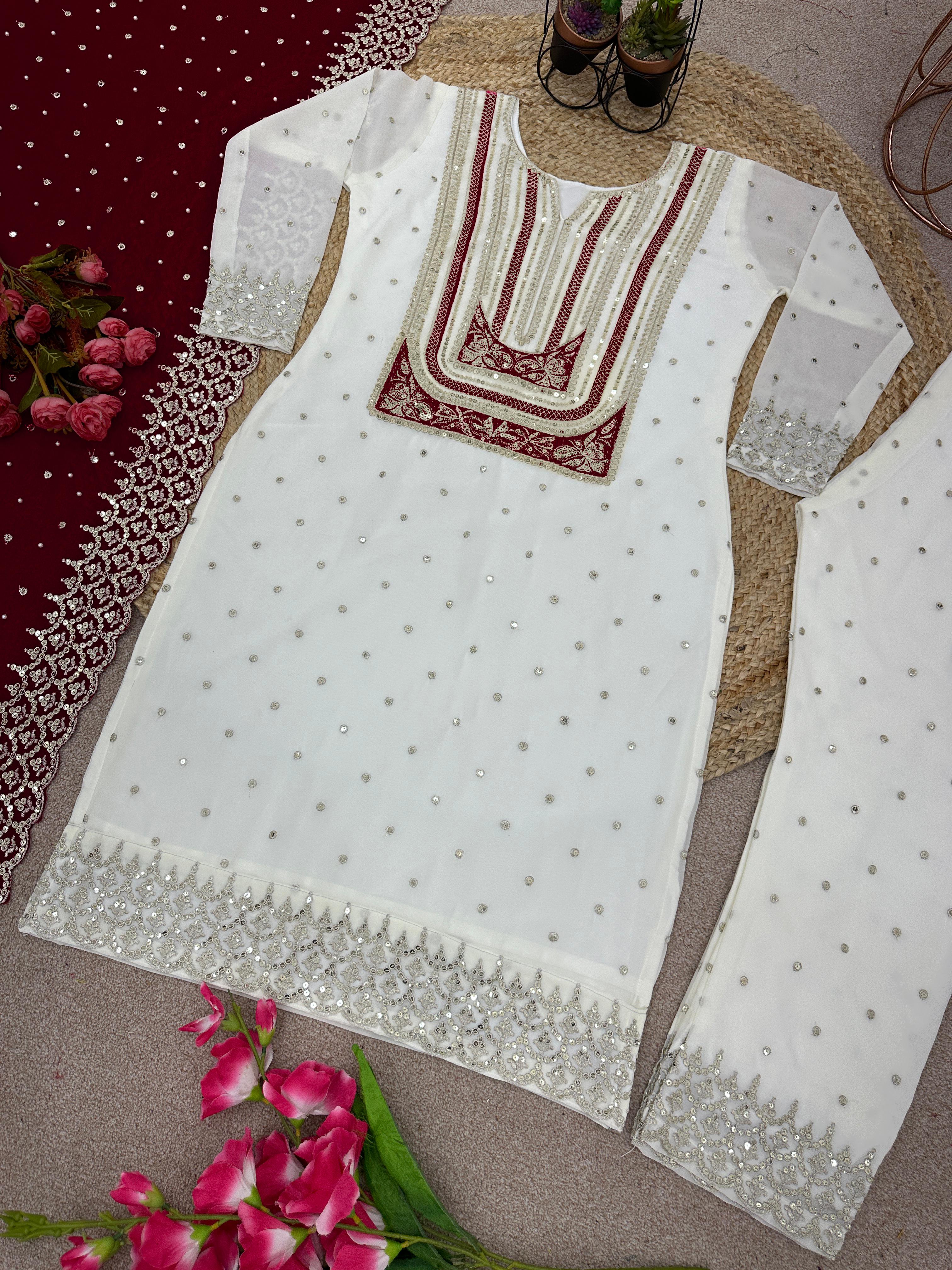 Celebrity Wear White Palazzo Suit With Maroon Dupatta