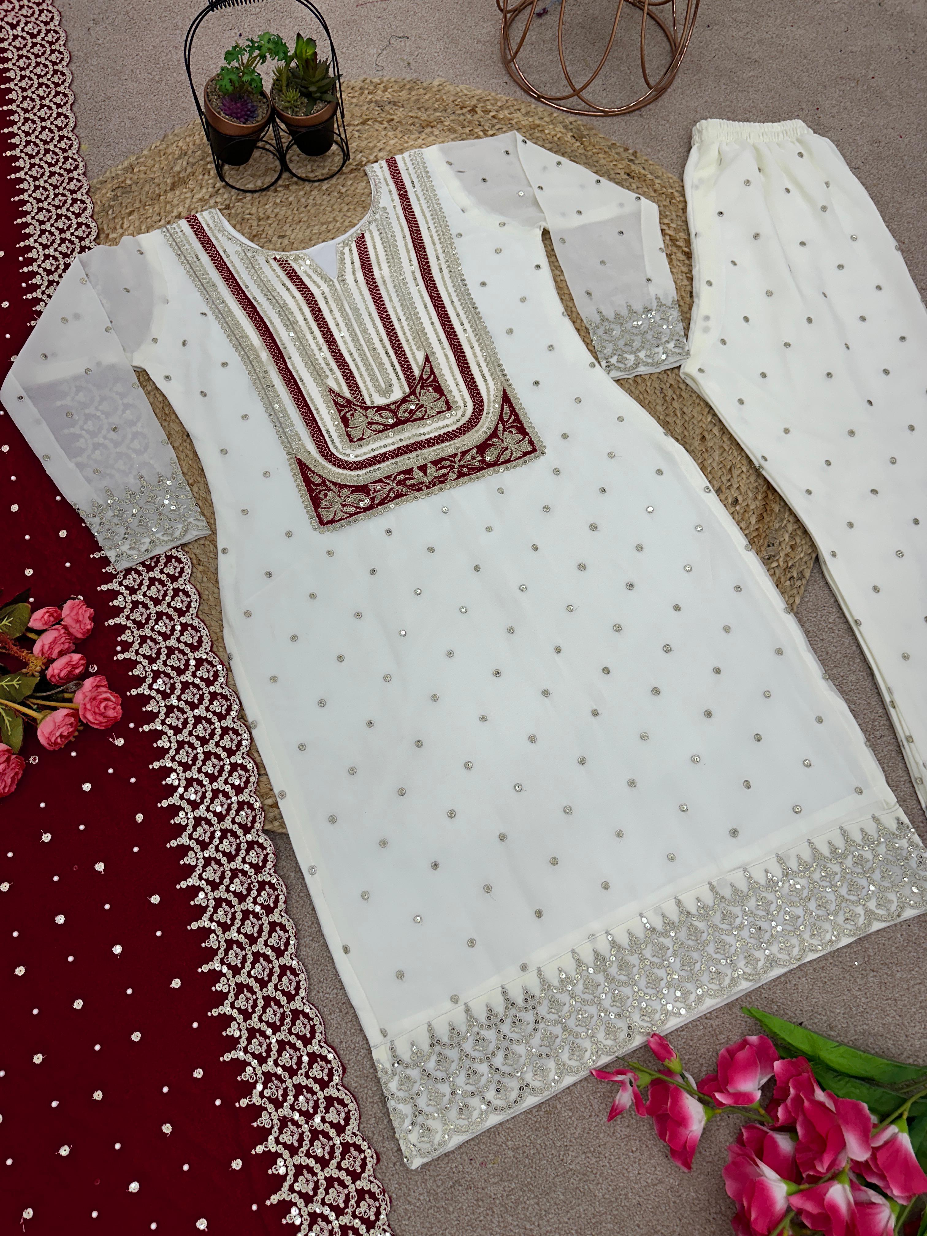 Celebrity Wear White Palazzo Suit With Maroon Dupatta