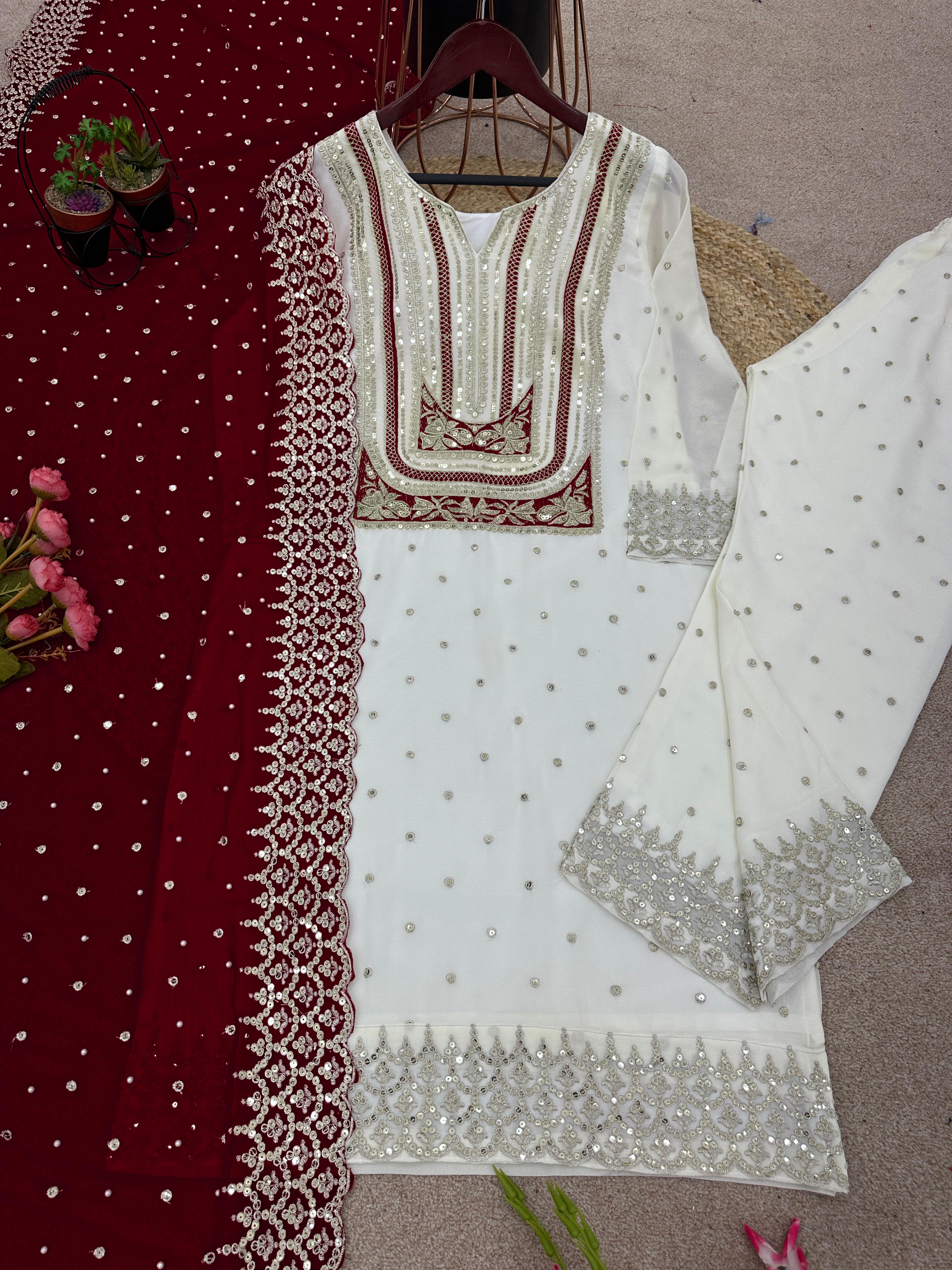 Celebrity Wear White Palazzo Suit With Maroon Dupatta