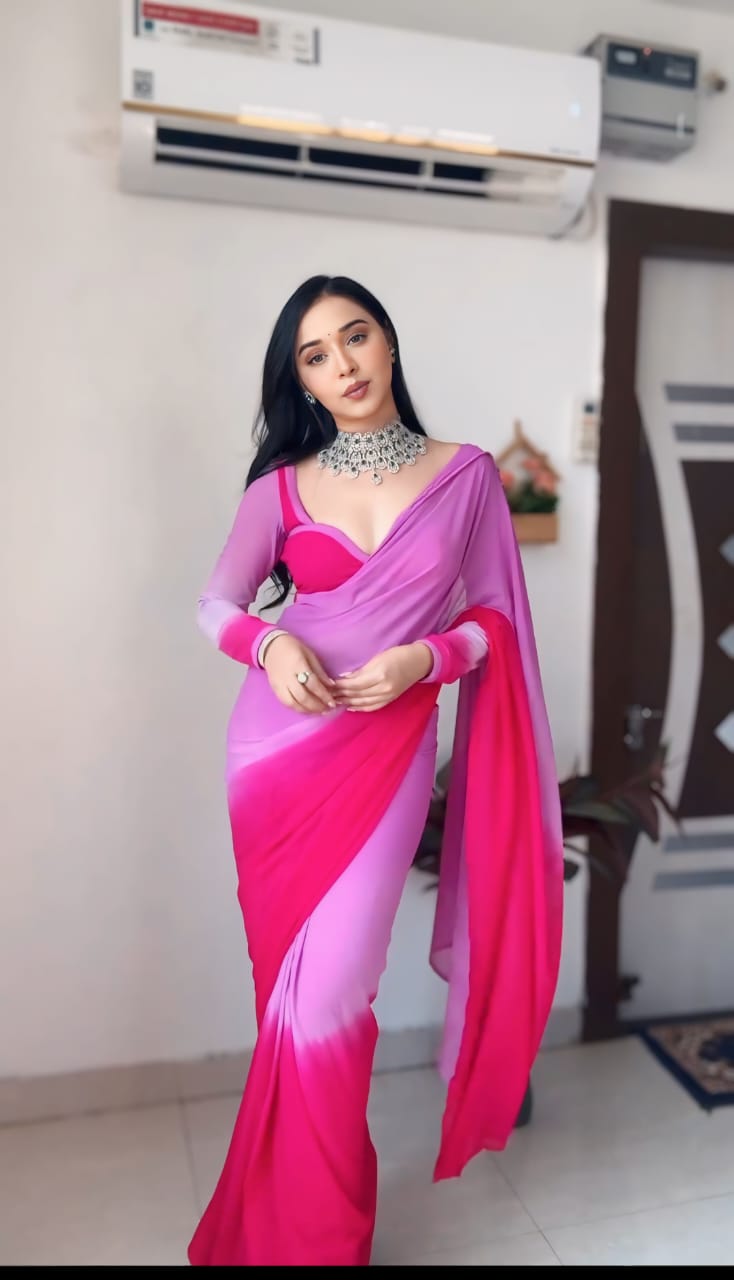 Elegant Pink Color Double Shade Ready To Wear Saree