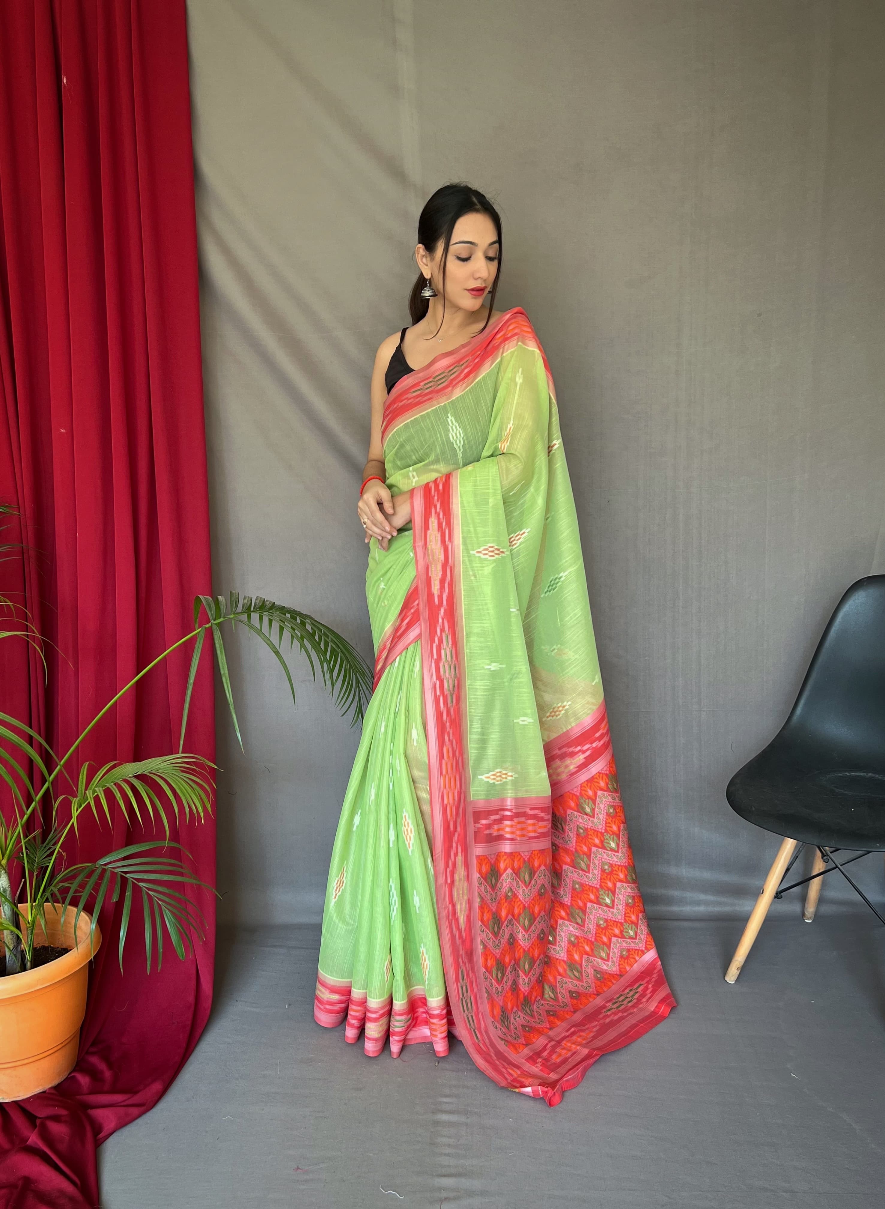 Classy Linen Chap Border Parrot Green Color Saree