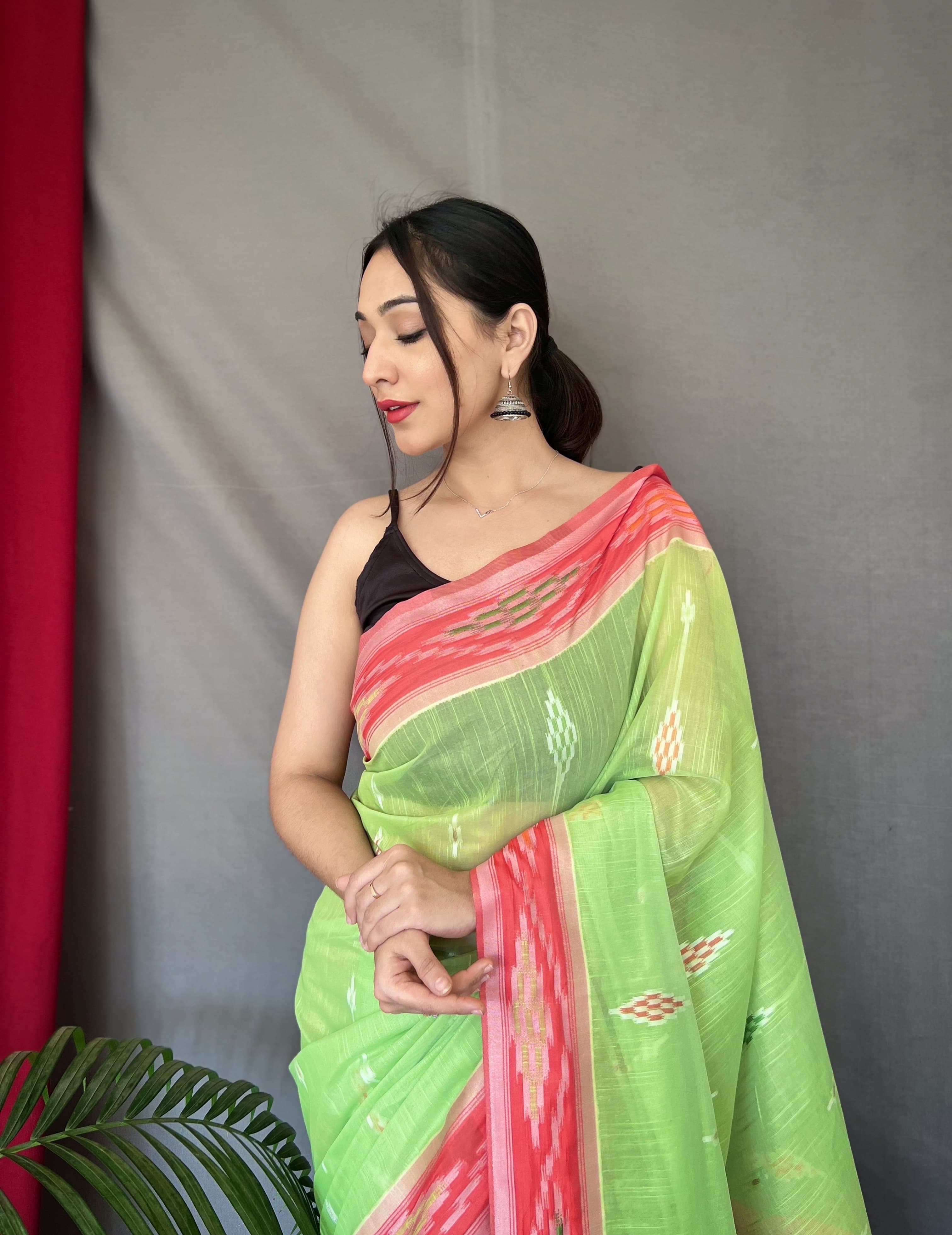 Classy Linen Chap Border Parrot Green Color Saree