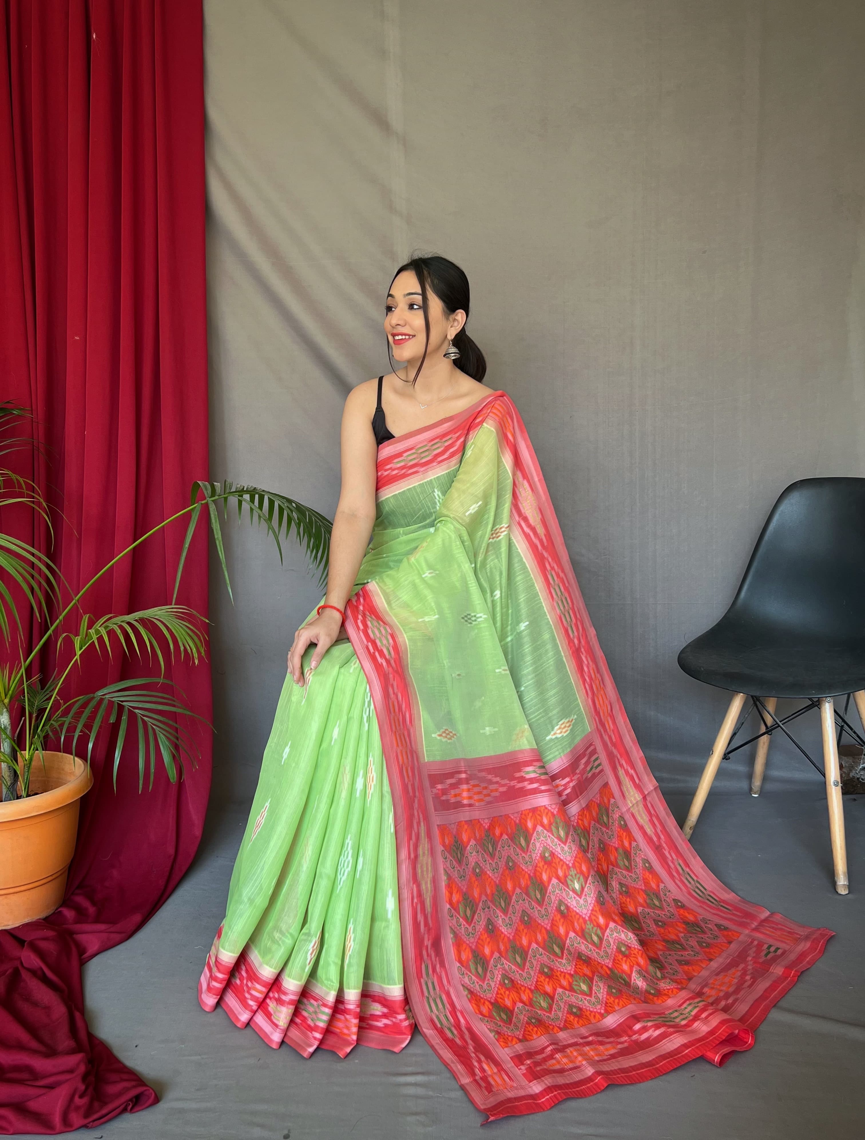 Classy Linen Chap Border Parrot Green Color Saree