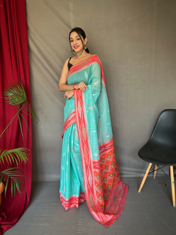 Classy Linen Chap Border Sky Blue Color Saree