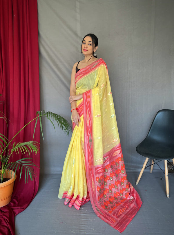 Classy Linen Chap Border Yellow Color Saree