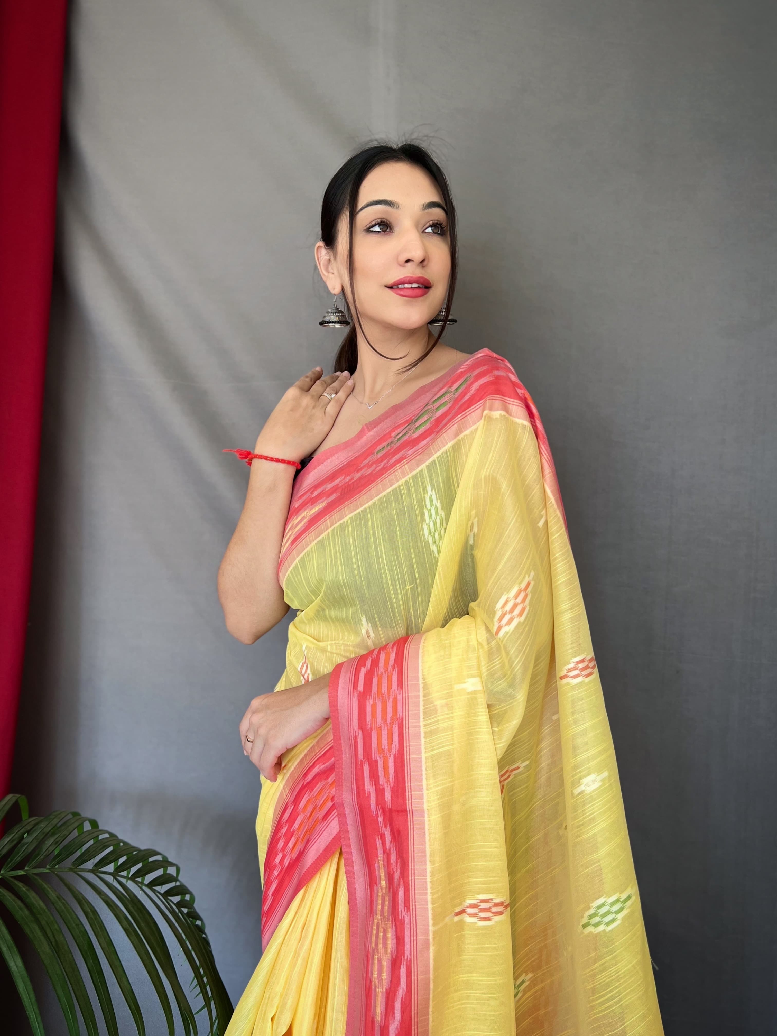 Classy Linen Chap Border Yellow Color Saree