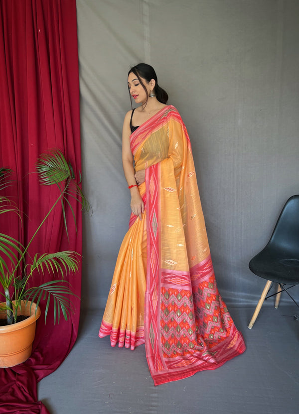 Classy Linen Chap Border Orange Color Saree