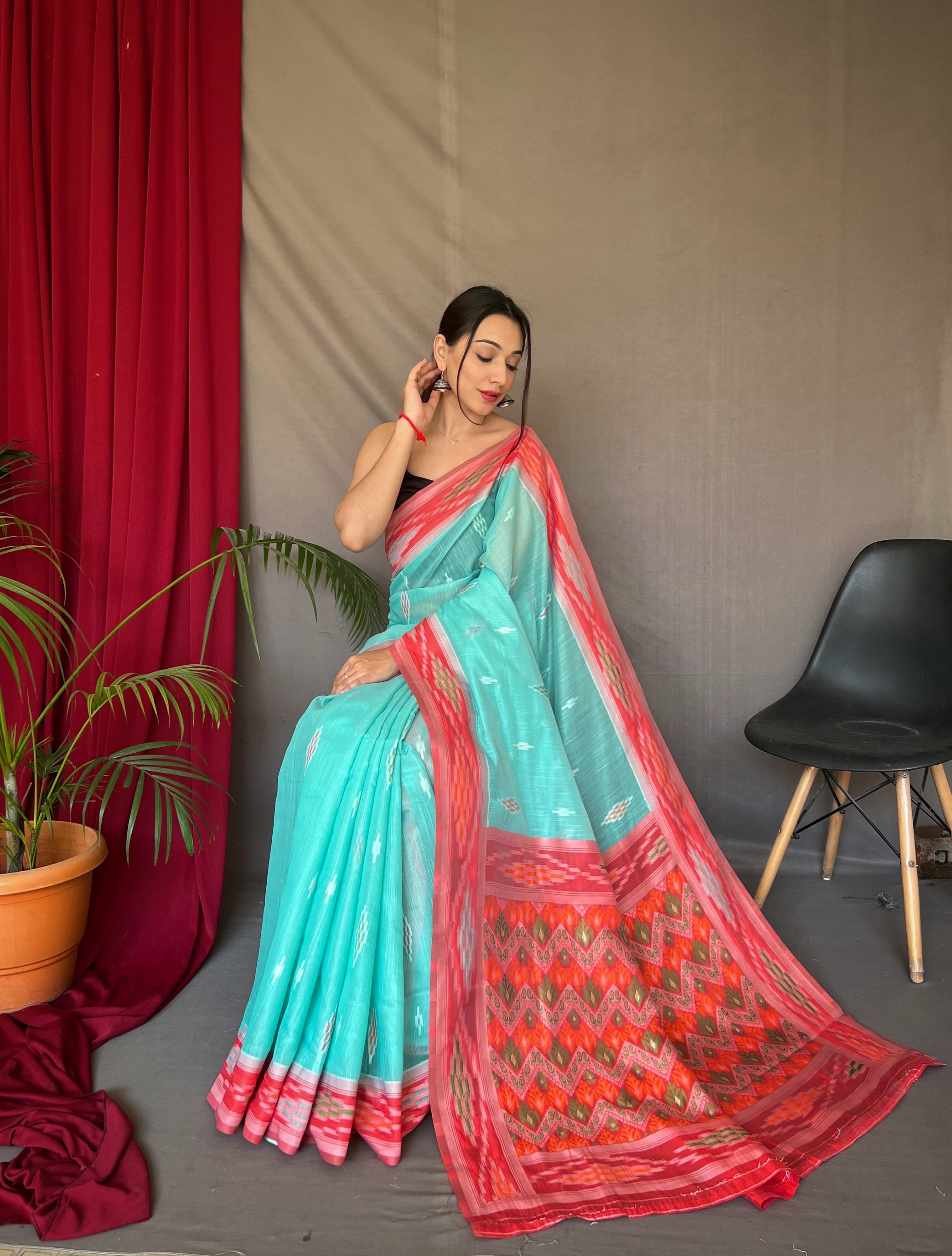 Classy Linen Chap Border Sky Blue Color Saree