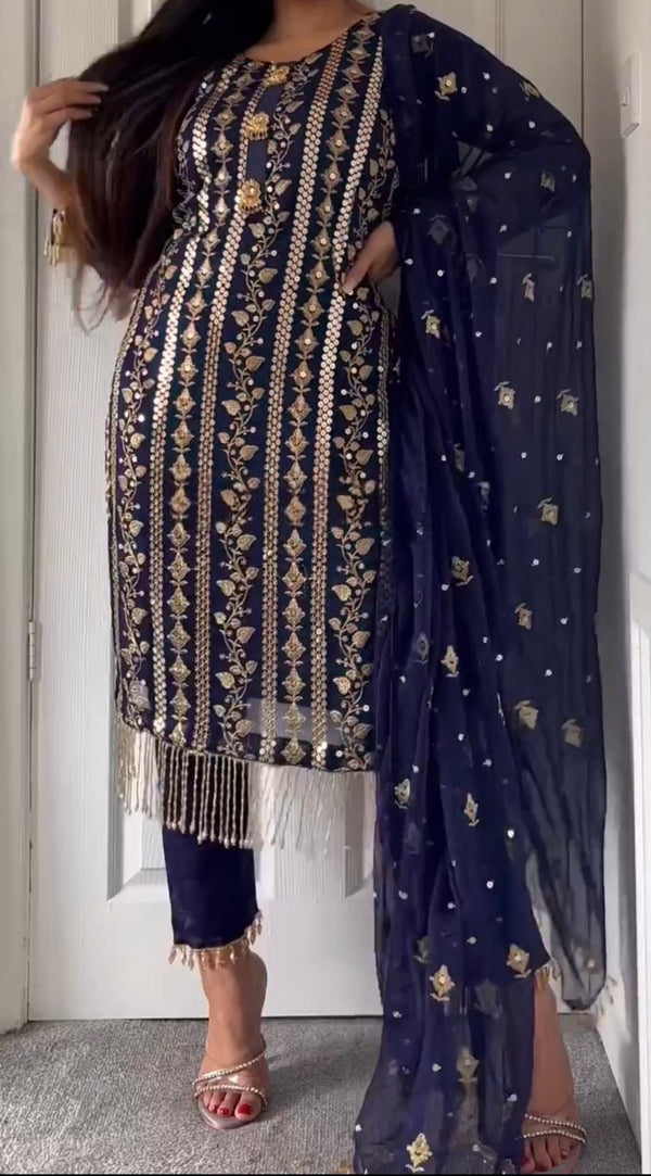 Decent Embroidered Work Navy Blue Color Salwar Suit